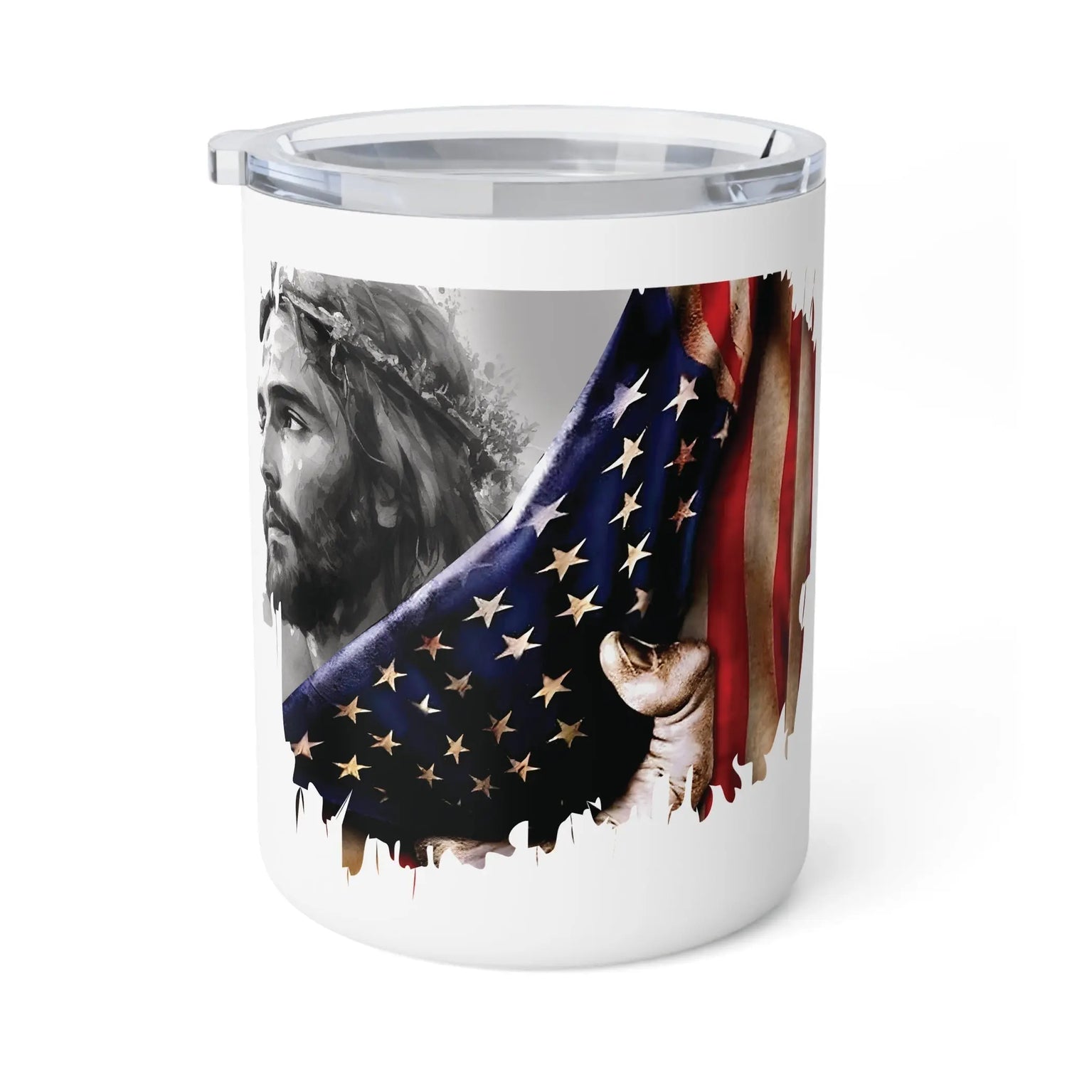 Stainless steel mug with lid image of Jesus being revealed behind American Flag Faith based Inspiration Religious