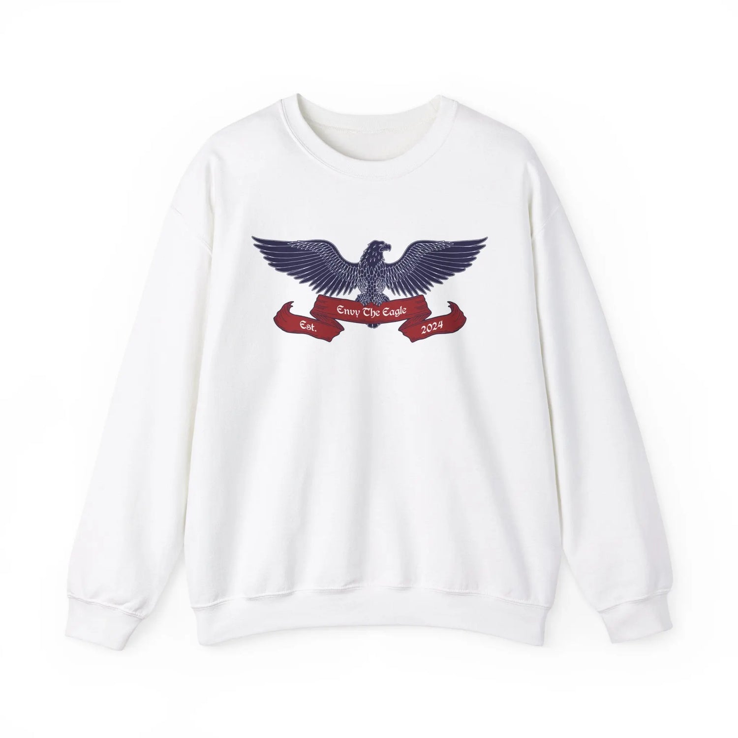 White sweatshirt with embroidered Envy The Eagle™ logo. Patriotic apparel. God and Country.