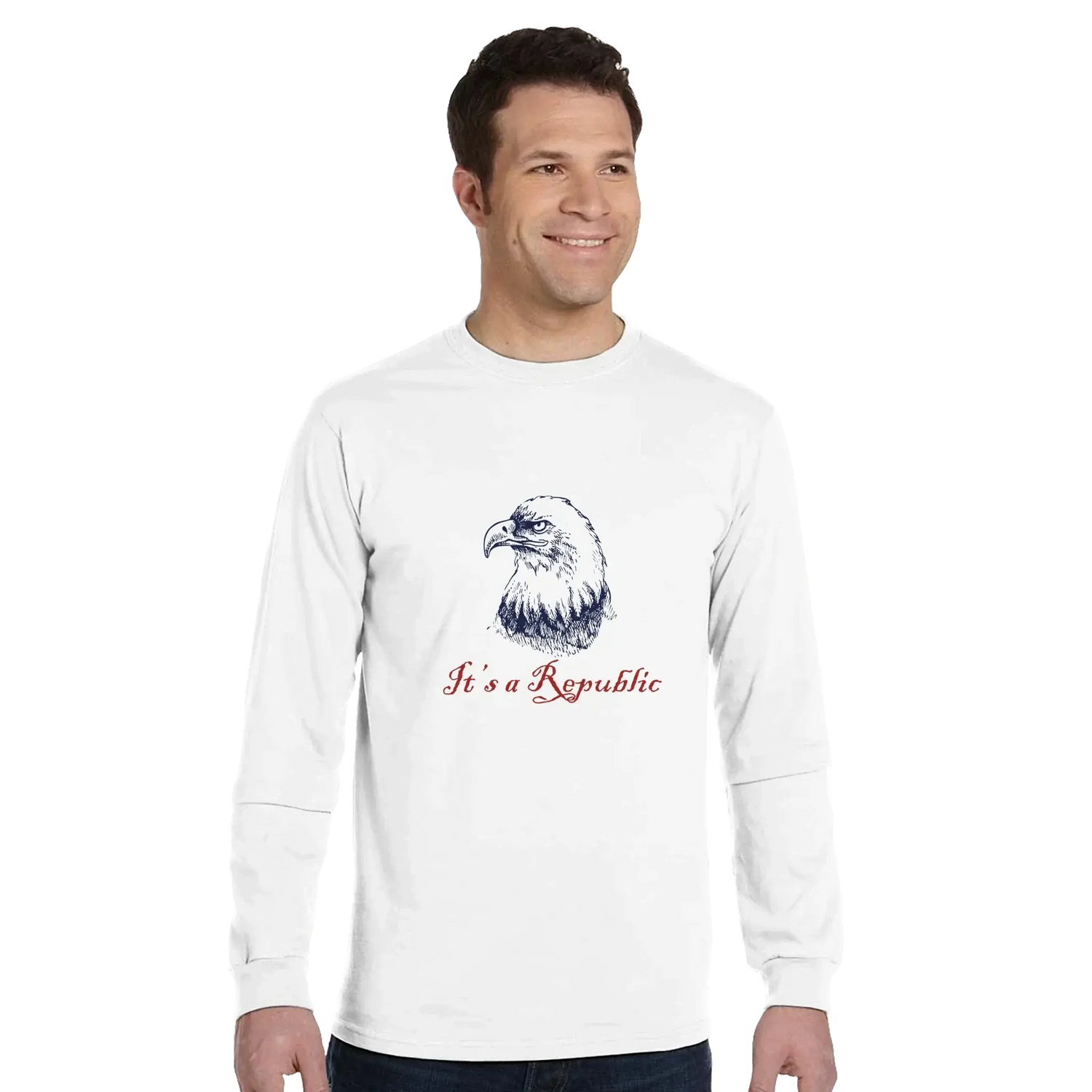 Man wearing white long sleeve tee with eagle in center text It's A Republic. Patriotic