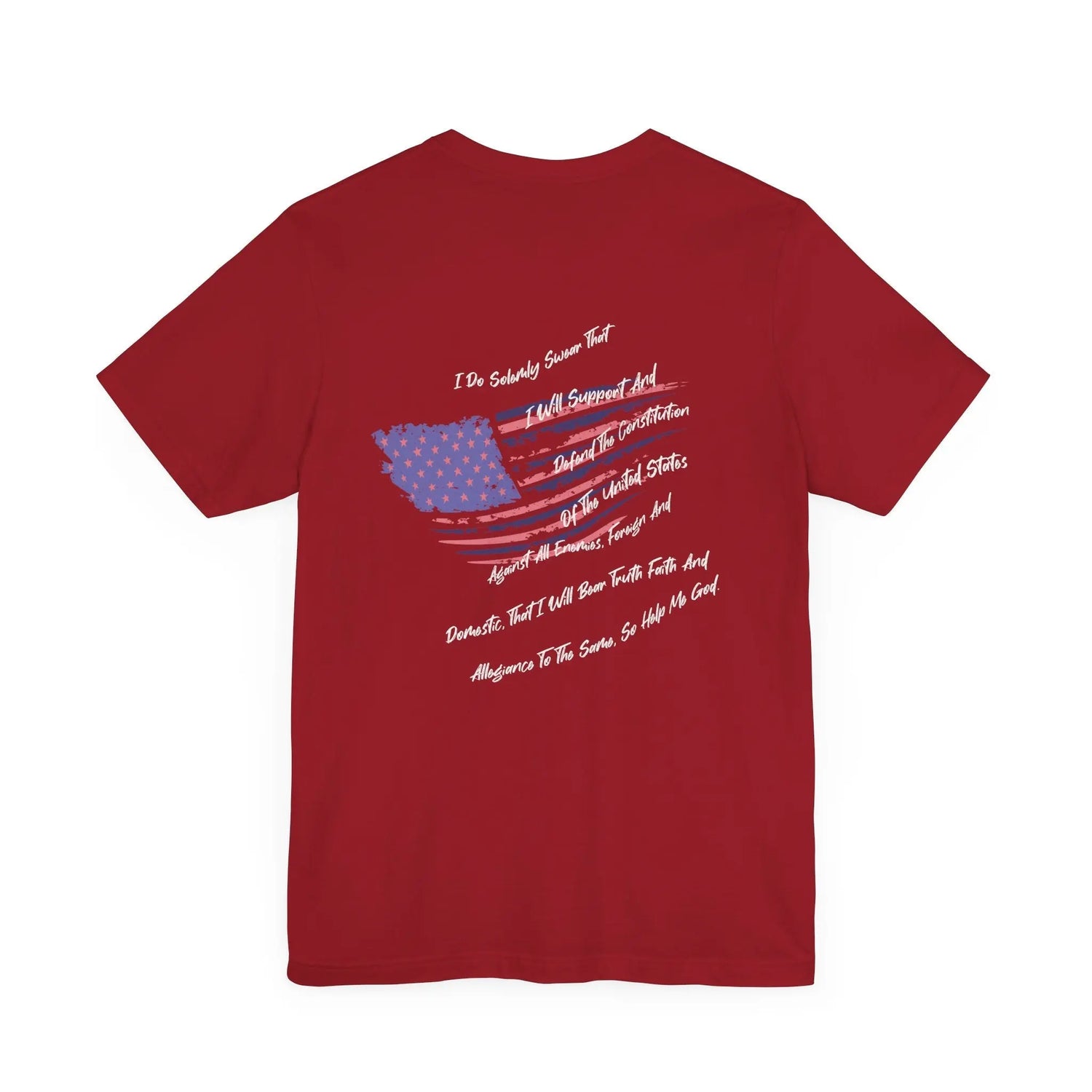 Red Tshirt with faded American Flag with text pledging to the Constitution