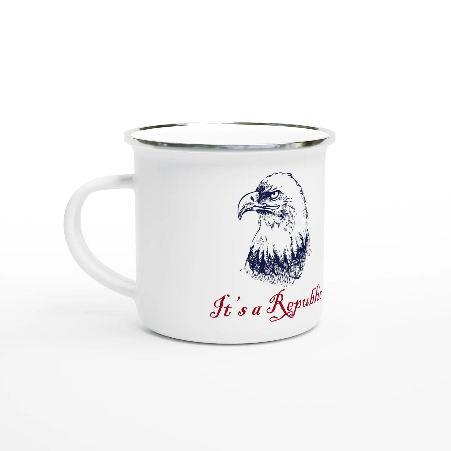 white stainless steel silver rimmed mug image of an eagle text It's A Republic Patriotic American Pride