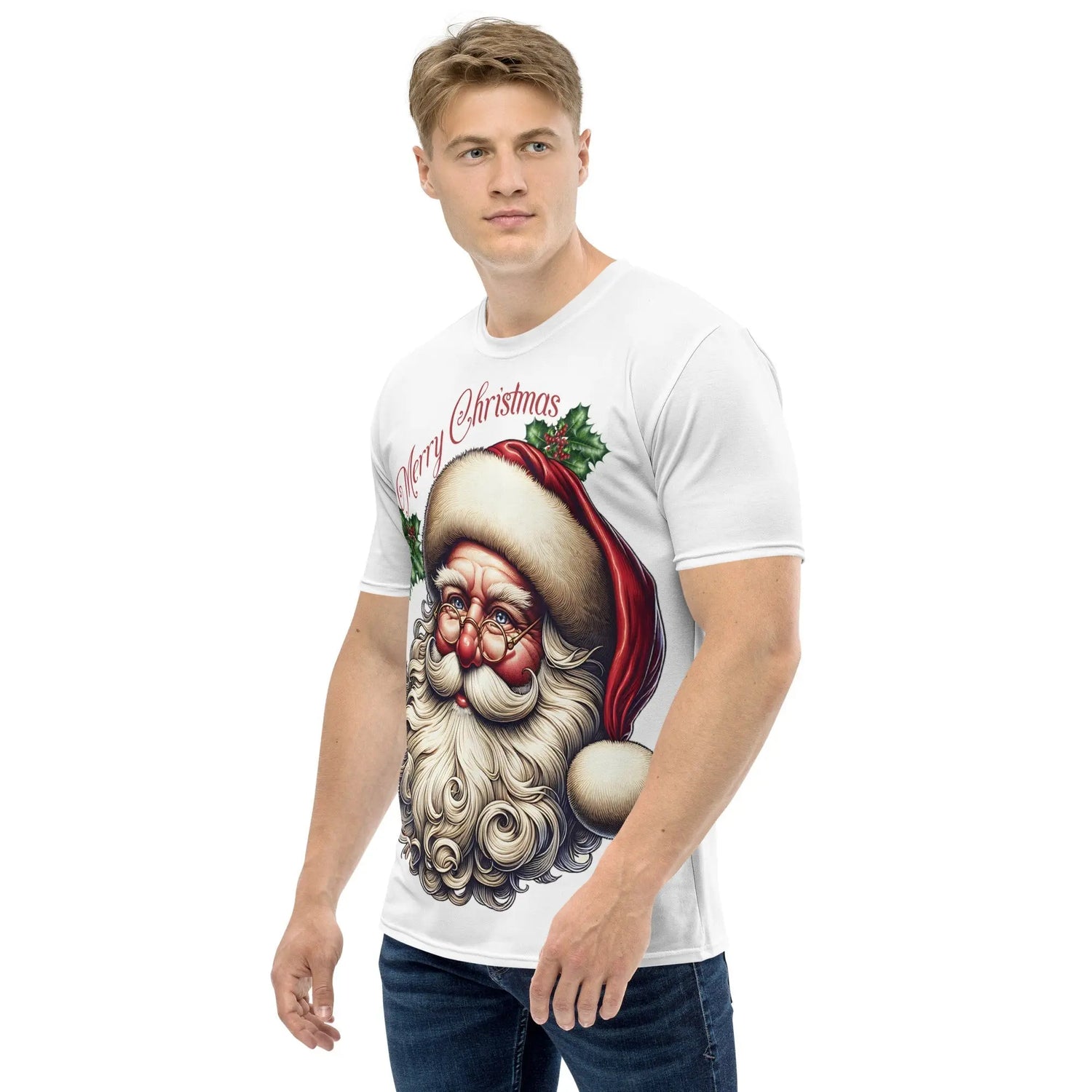 Man wearing tshirt with festive Nostalgic Vintage Santa Clause Face text Merry Christmas with holly berries