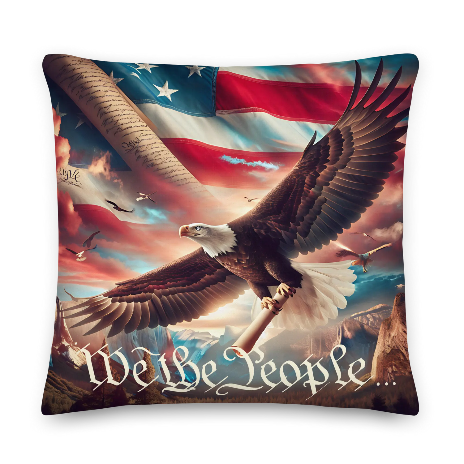 Throw pillow ith an image of a soaring Bald Eagle Text We The People Two sided image