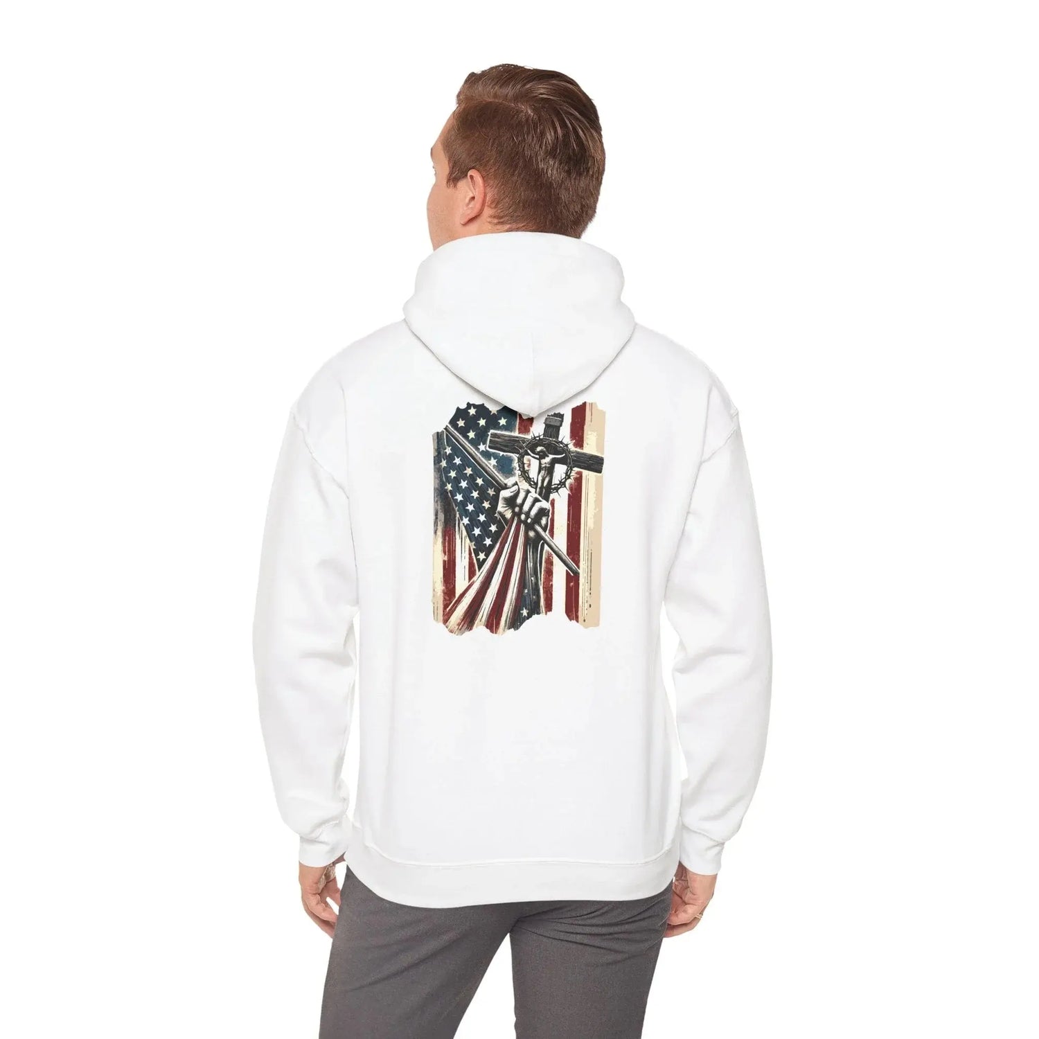 White hoodies with flag hand and cross printed on the back