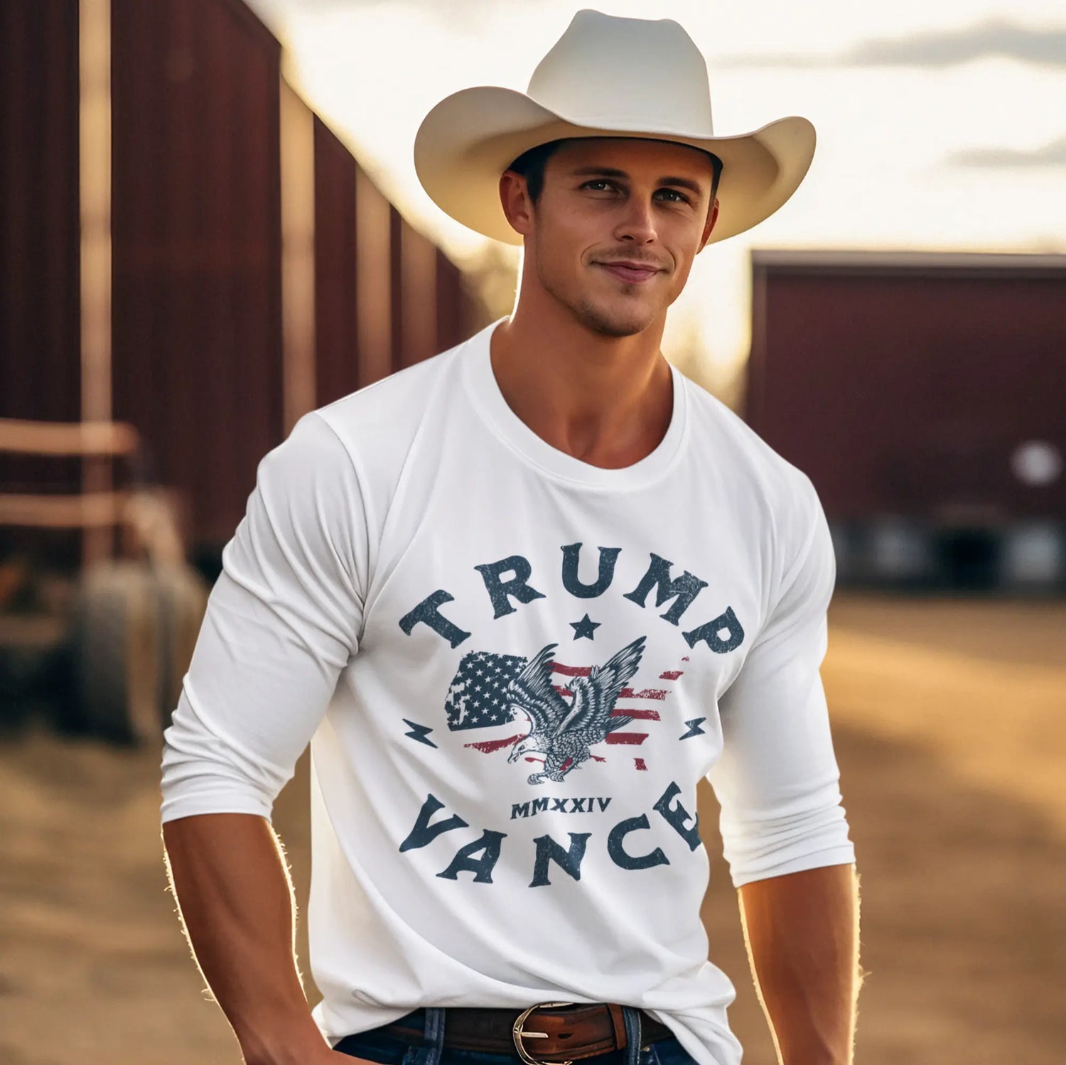 Man cowboy wearing white tshirt test Trump Vance with USA red white and blue and eagle