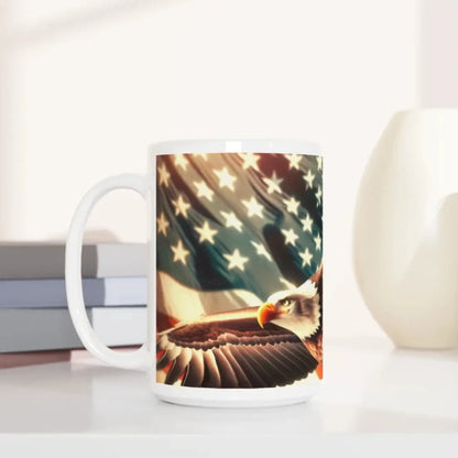 Front picture 15oz ceramic mug featuring a bold eagle soaring against the American flag, perfect for showcasing your patriotism and love for the USA.