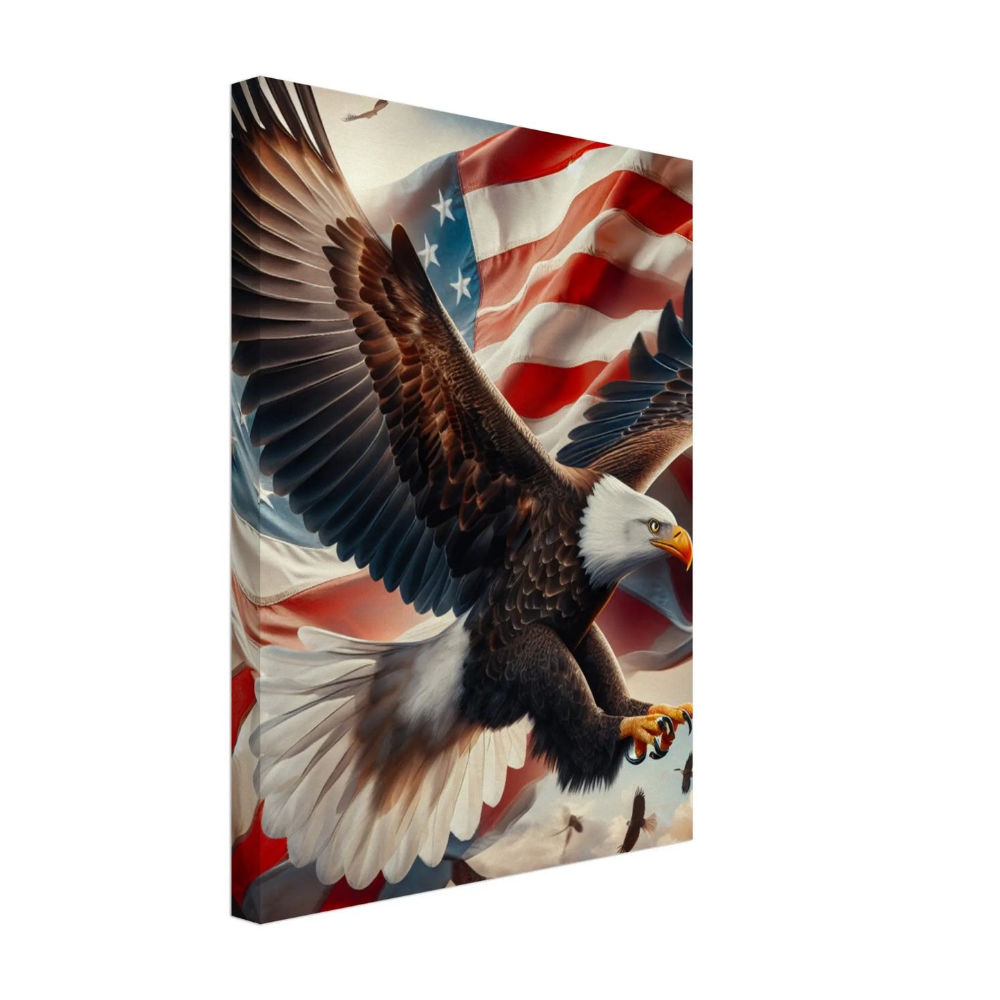 Bald Eagle Wall Art with American flag. Patriotism USA Pride Side view