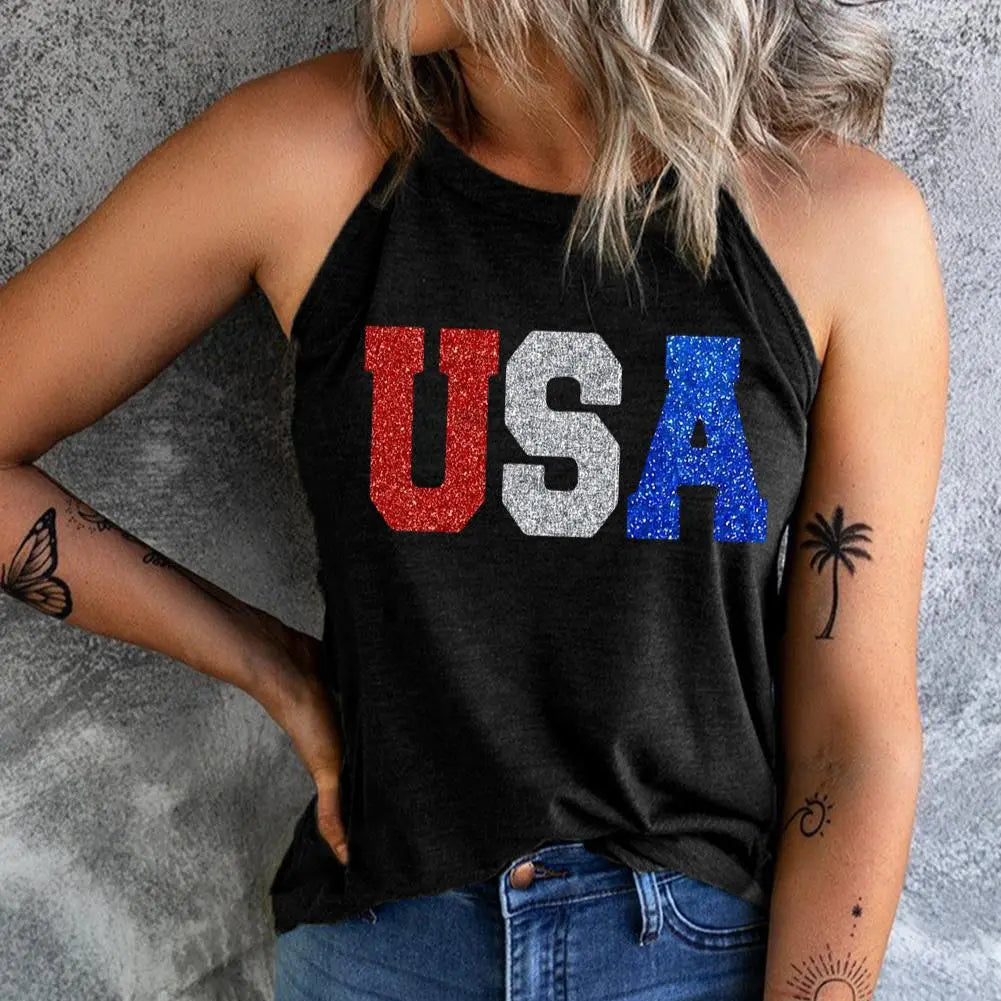 Woman wearing leaning against wall USA Grecian Neck Cami for women, a chic and flattering patriotic top with versatile style. Perfect for casual or special occasions.