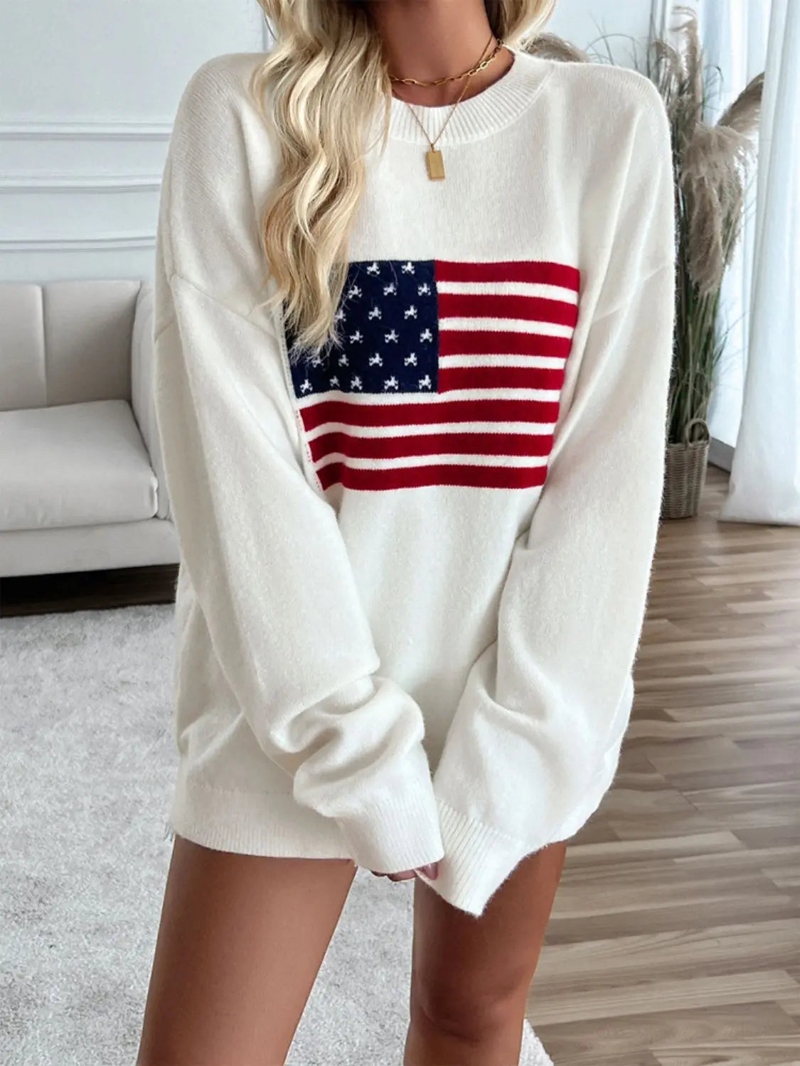 White US Flag Round Neck Long Sleeve Knit Top 