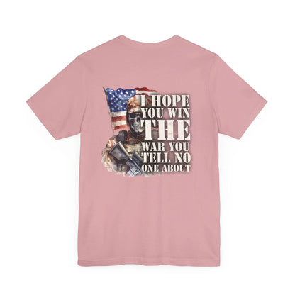 Orchid T-Shirt with a picture of an American flag and a military skeleton with the text I hope you win the war you tell no one about.