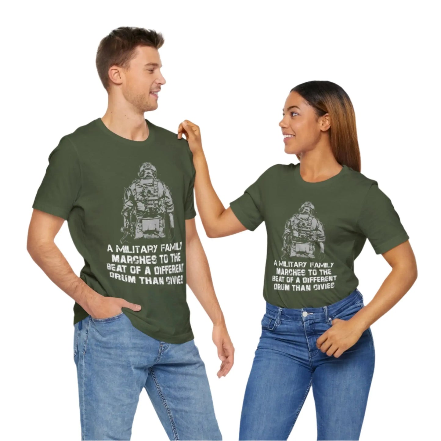 Man and woman wearing Military green t-shirt featuring a soldier with the text 'Military family marches to a different drum' representing strength and pride.