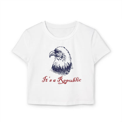 White baby tee crop top with eagle design and "It's A Republic" wording.