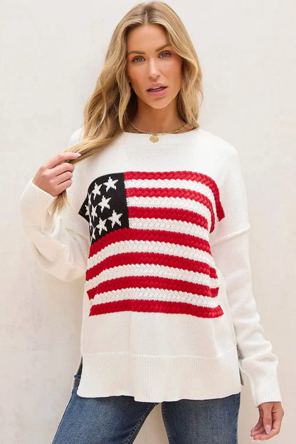 US Flag Round Neck Long Sleeve Knit Top for women, featuring a bold patriotic design, soft knit fabric, and a classic flattering fit.