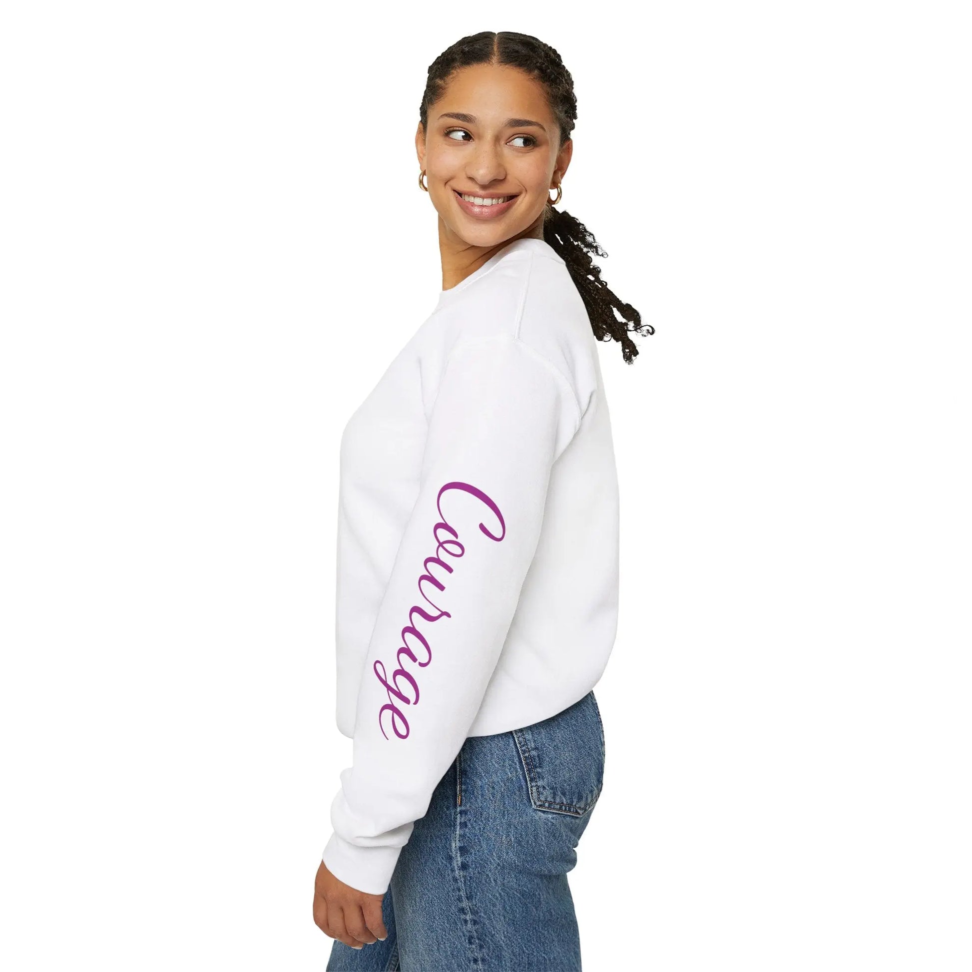 Left arm She Is The Storm PTSD Awareness sweatshirt with butterfly design and 'Courage' print on the left arm. Empowering women’s empowerment tee.