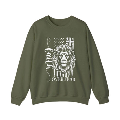 Military Green Faith Over Fear sweatshirt with strength and courage message