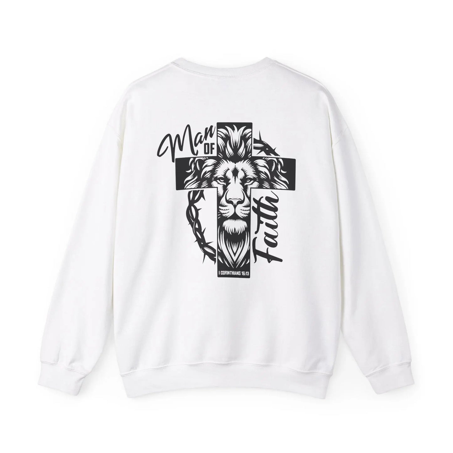 White sweatshirt featuring a lion, cross, and 'Man of Faith' text in black. Religious and inspirational design.