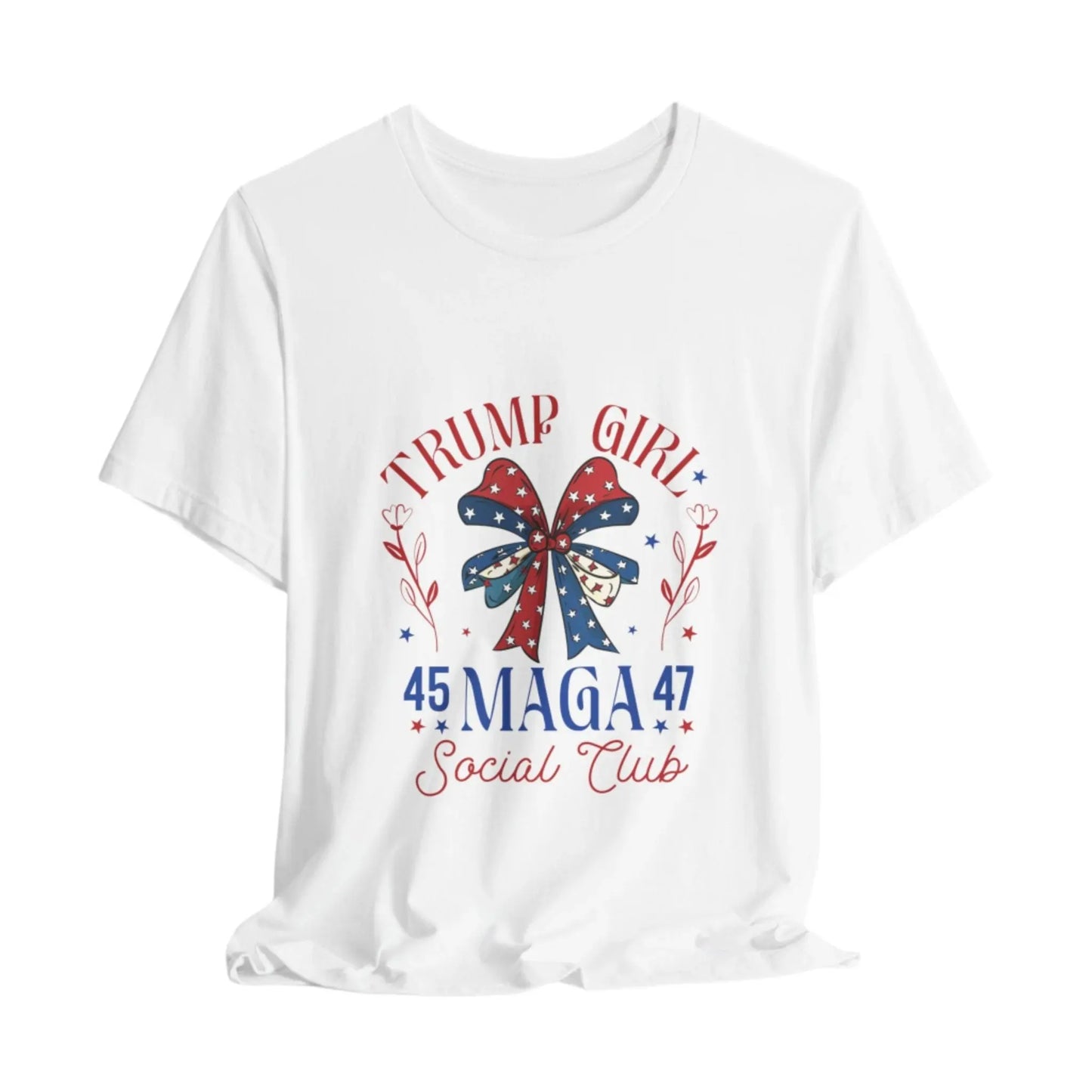 White Trump Girl 45-47 Women's Tee – Bold patriotic design, short sleeve shirt for Trump supporters, stylish and comfortable.