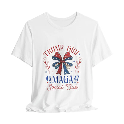 White Trump Girl 45-47 Women's Tee – Bold patriotic design, short sleeve shirt for Trump supporters, stylish and comfortable.