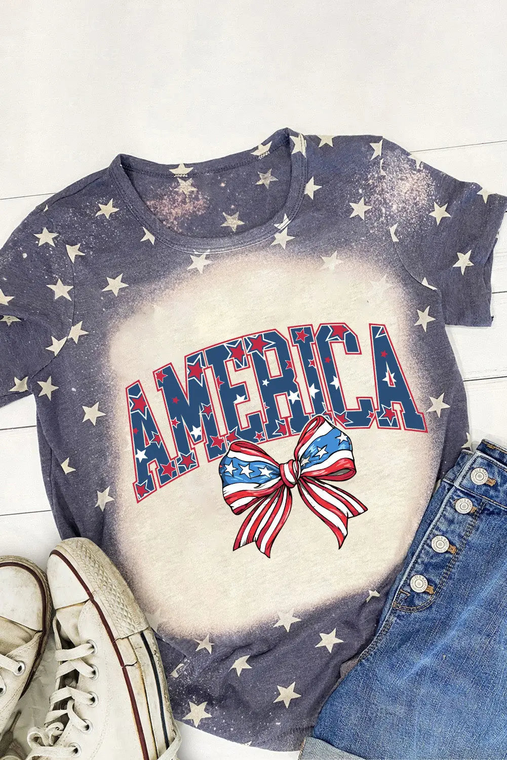 Flat Lay STARS OF AMERICA T-Shirt for women, a bold patriotic round neck tee with star-spangled design perfect for showing your American pride.