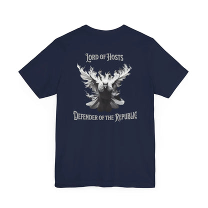 Blue T-shirt featuring a white dove and the text Lord Of Hosts Defender Of The  Republic in bold letters.