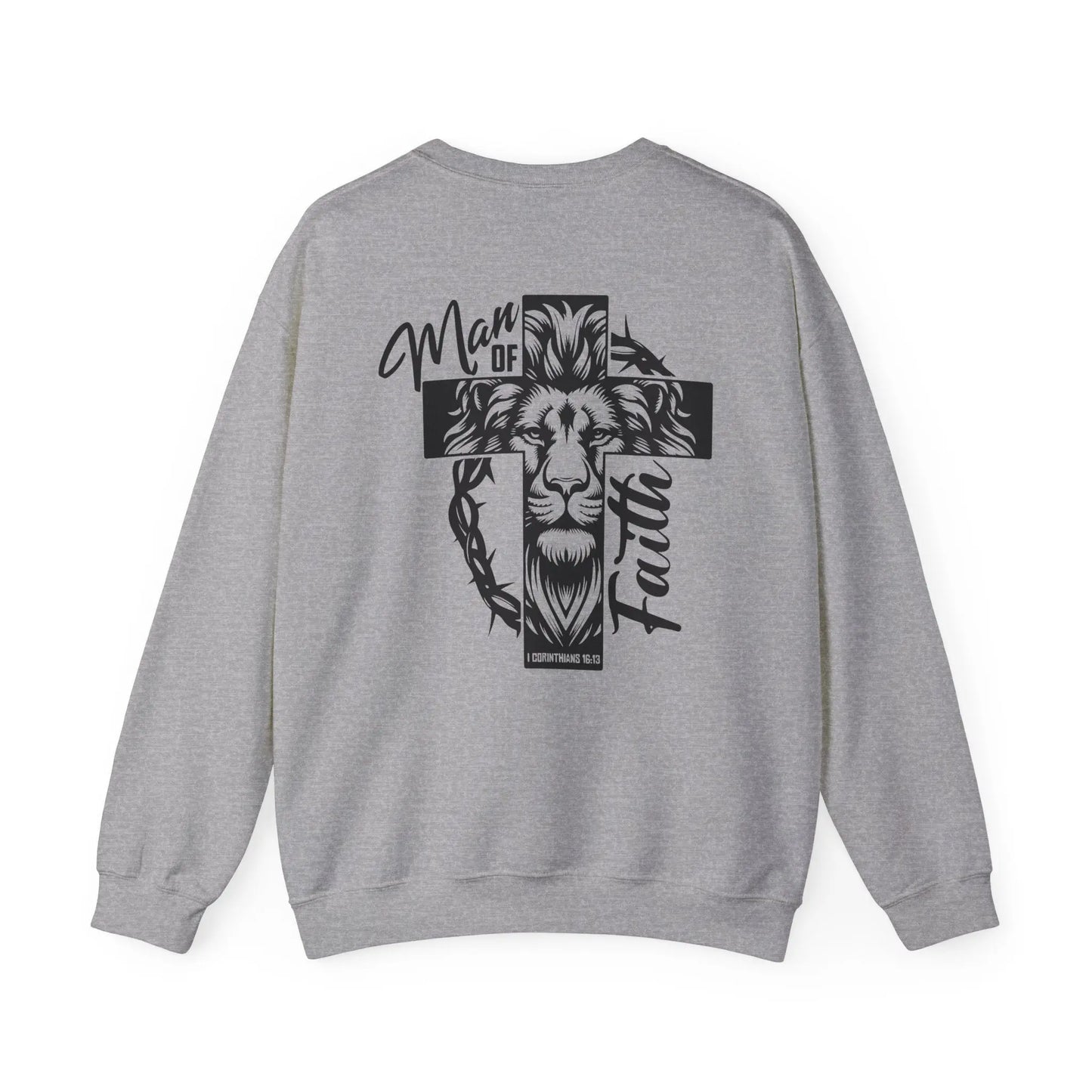 Sport Grey sweatshirt featuring a lion, cross, and 'Man of Faith' text in black. Religious and inspirational design.