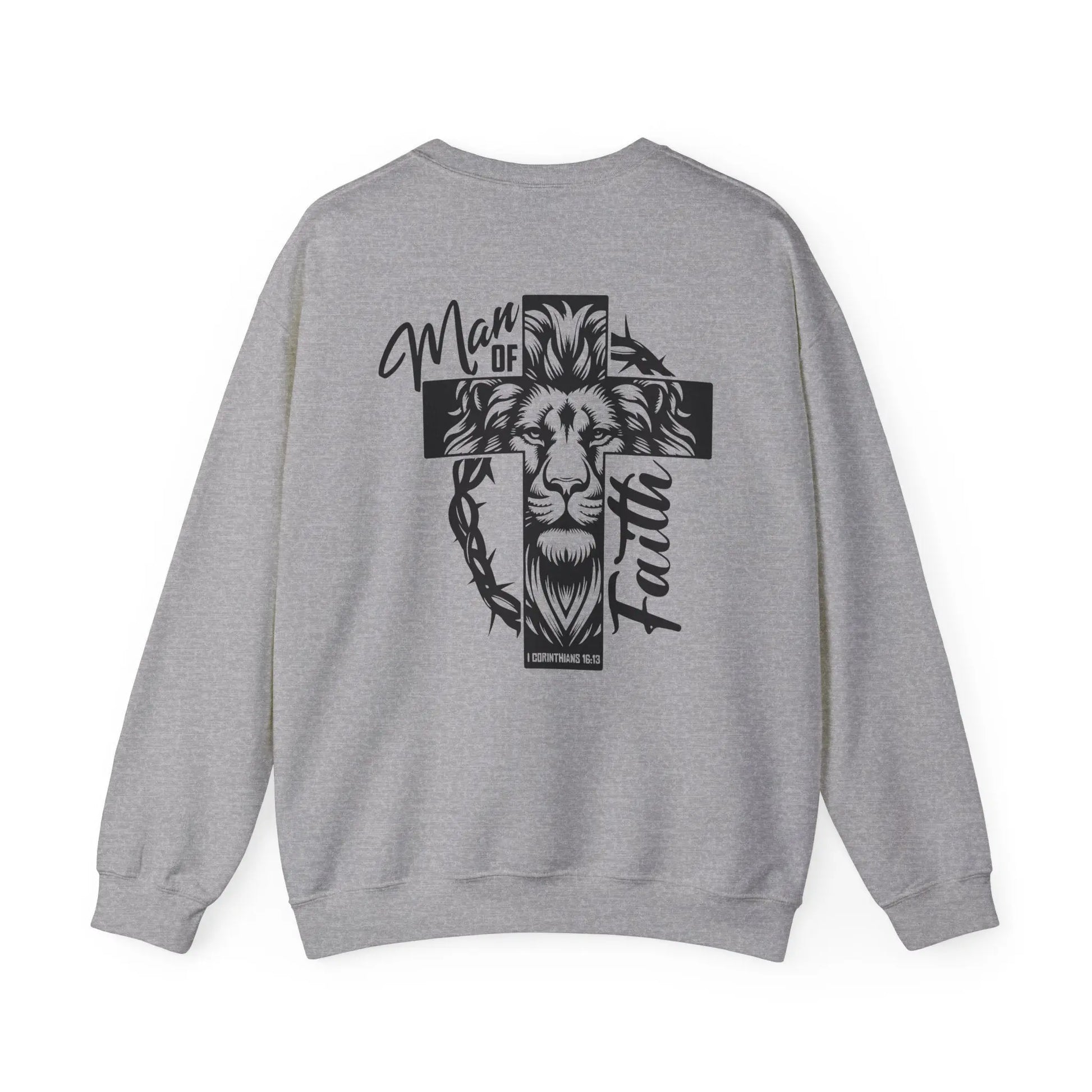 Sport Grey sweatshirt featuring a lion, cross, and 'Man of Faith' text in black. Religious and inspirational design.