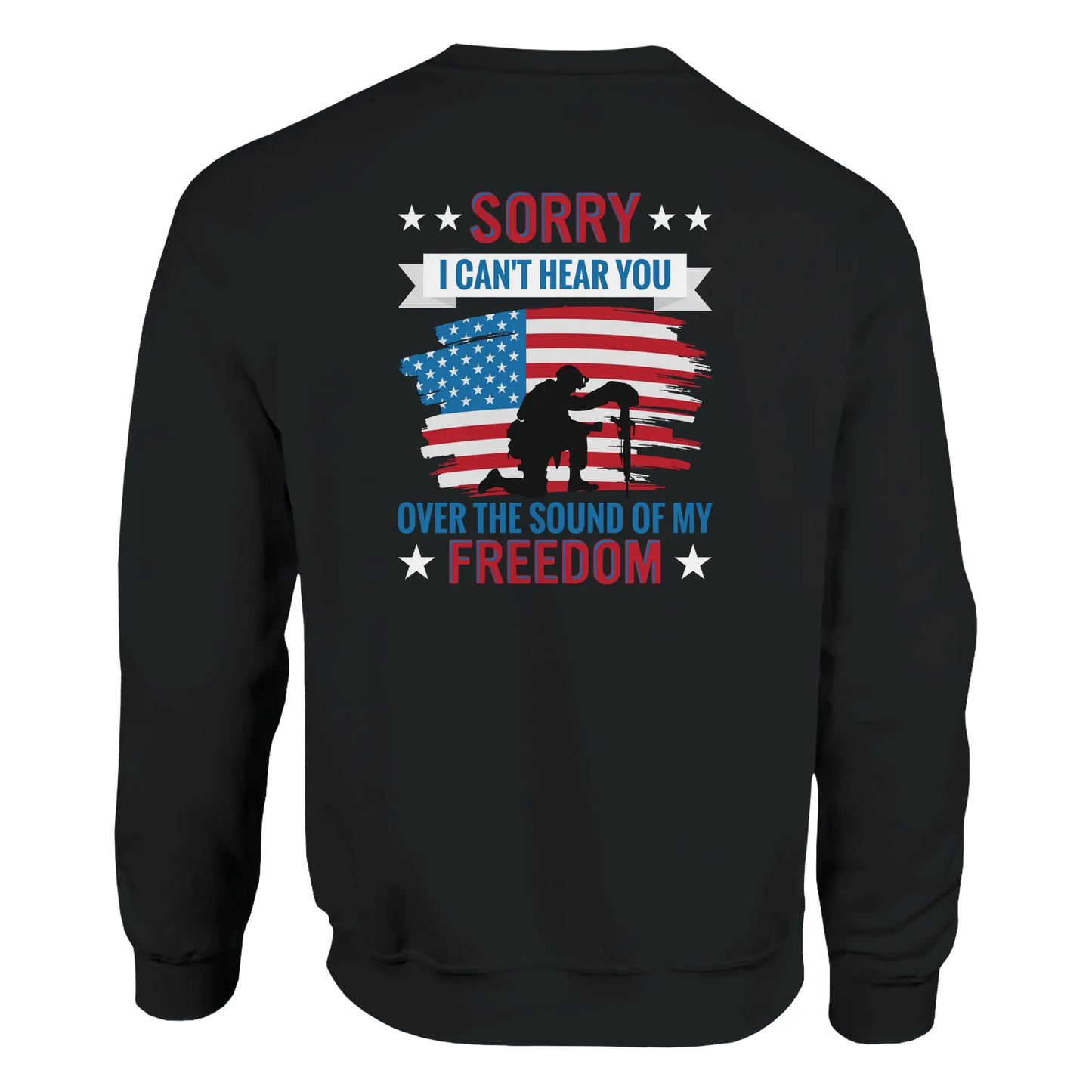 Back Patriotic Over Freedom crewneck sweatshirt with bold back design, unisex fit, soft premium fabric, perfect for casual and stylish looks.