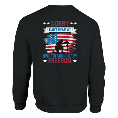 Back Patriotic Over Freedom crewneck sweatshirt with bold back design, unisex fit, soft premium fabric, perfect for casual and stylish looks.