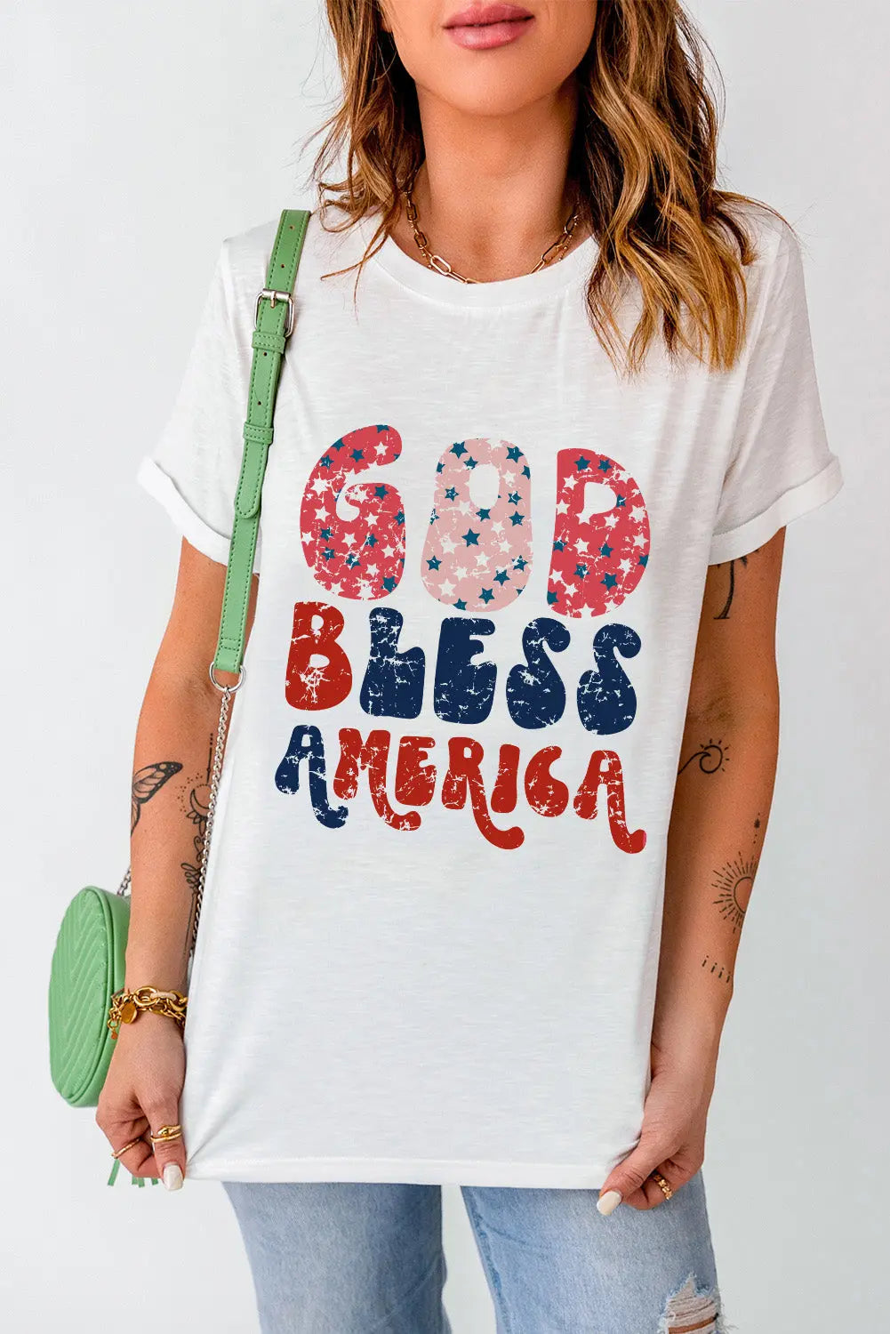 White God Bless America Letter Graphic Round Neck Short Sleeve T-Shirt 