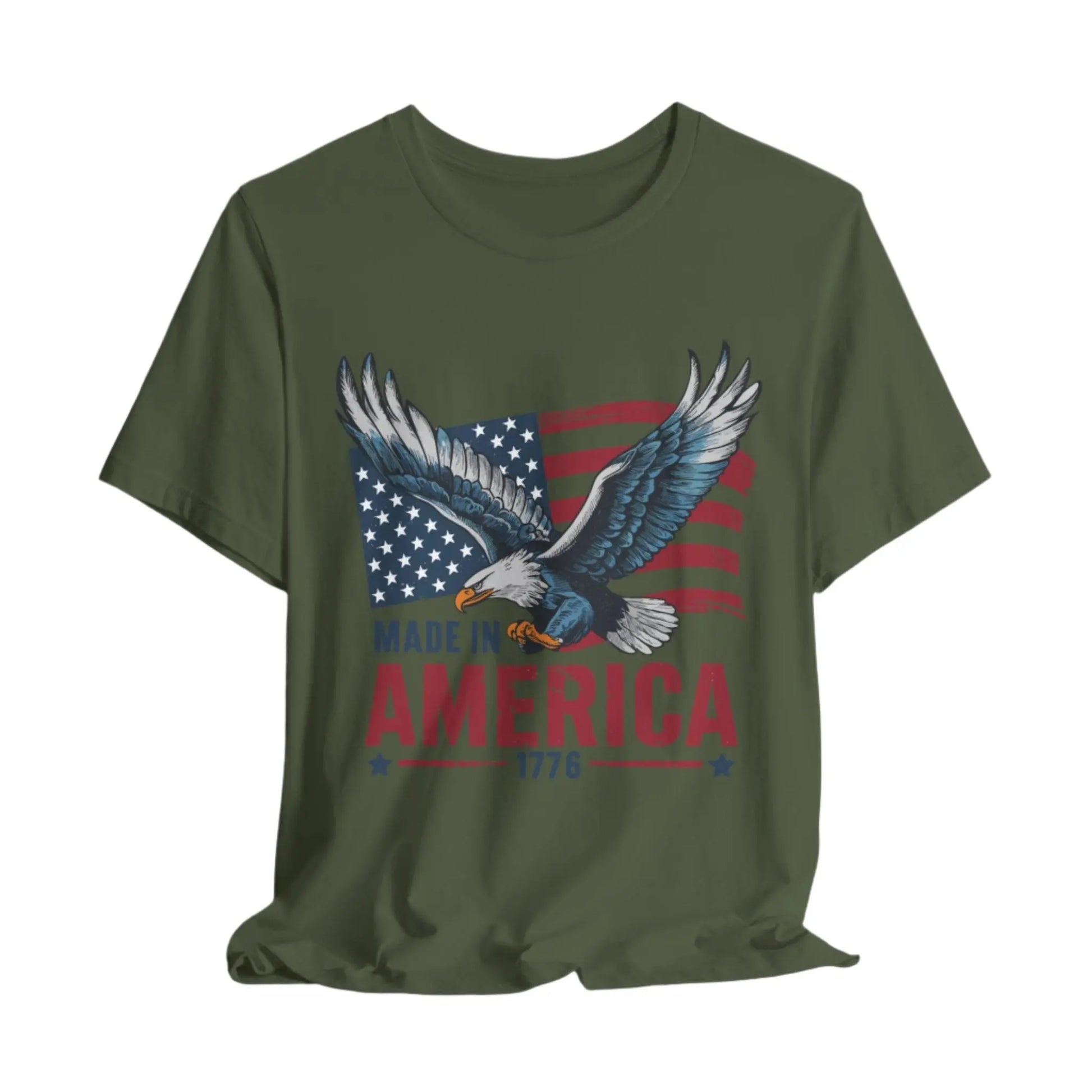 Military Green eagle and flag design on a t-shirt with the text 'Made in America 1776' symbolizing patriotism and freedom.