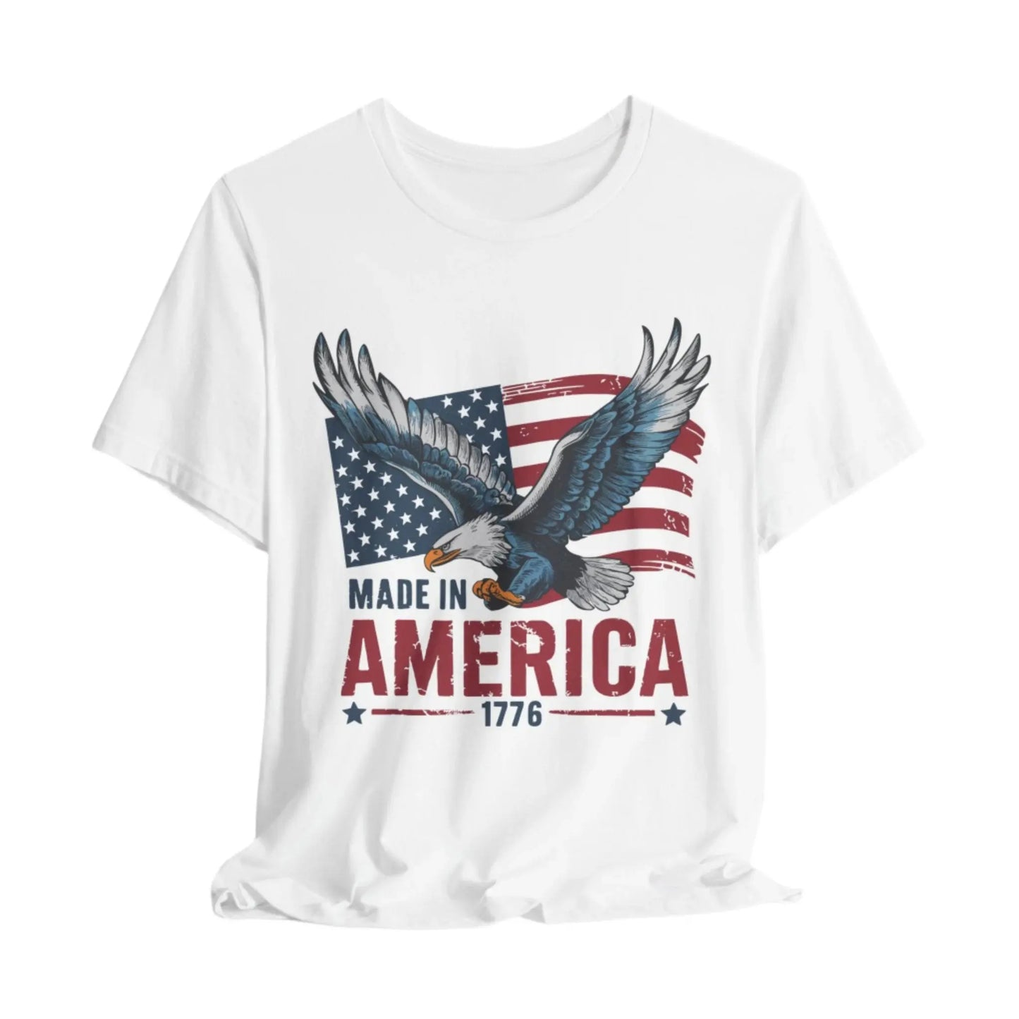 White eagle and flag design on a t-shirt with the text 'Made in America 1776' symbolizing patriotism and freedom.