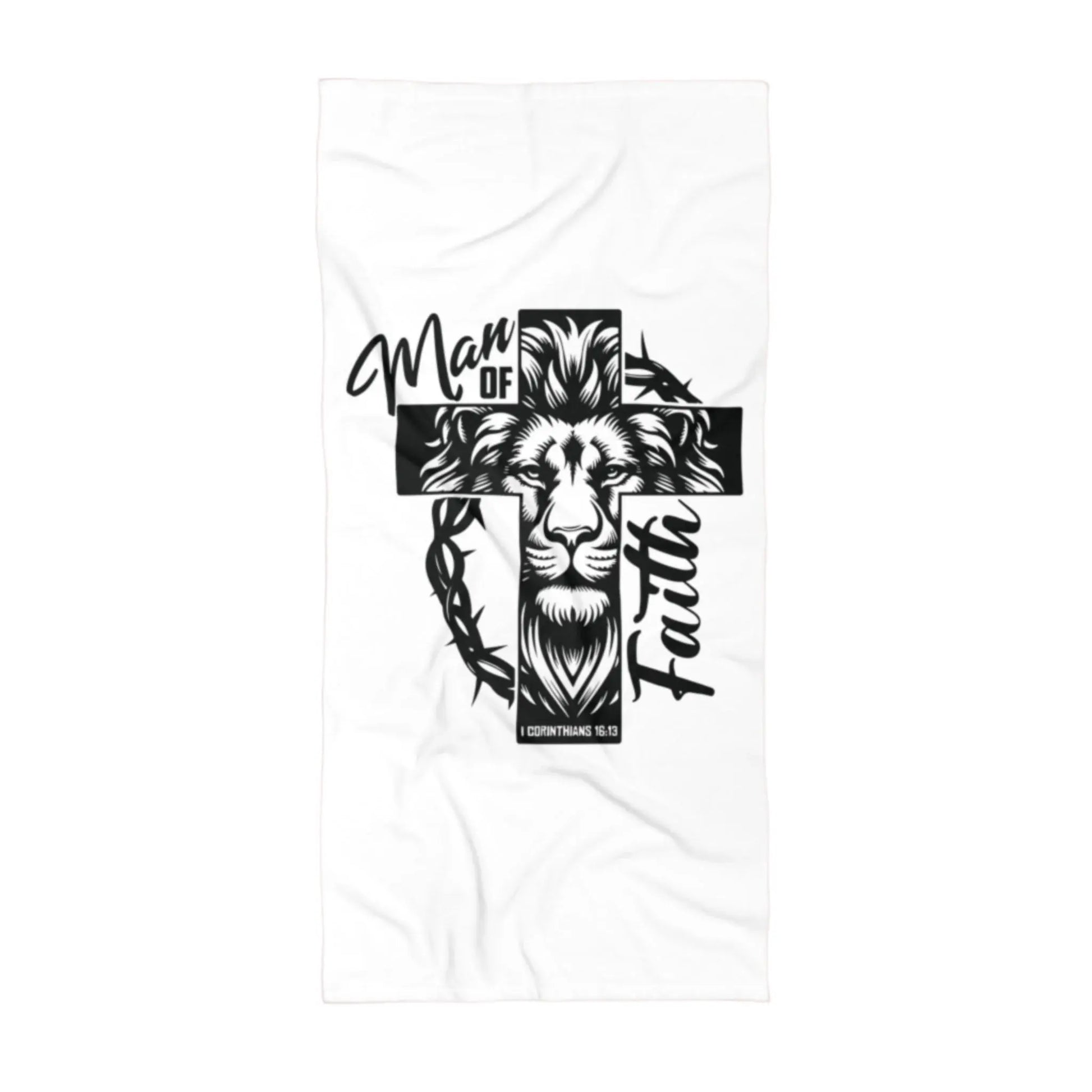 White beach towel featuring an image of a lion and a cross, with the text "Man of Faith" in black and white.