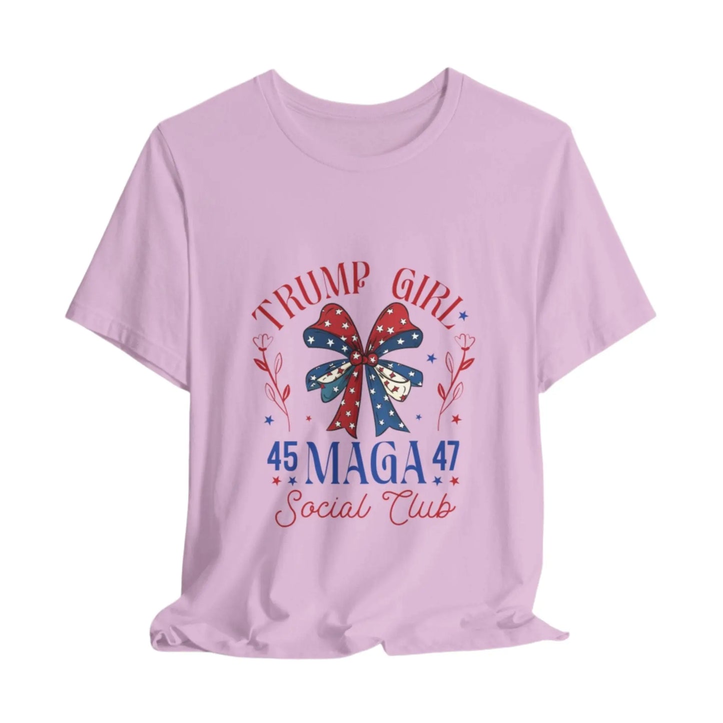 Lilac Trump Girl 45-47 Women's Tee – Bold patriotic design, short sleeve shirt for Trump supporters, stylish and comfortable.