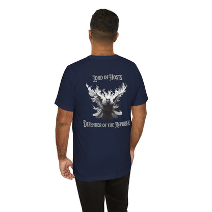 Blue T-shirt featuring a white dove and the text Lord Of Hosts Defender Of The  Republic in bold letters.