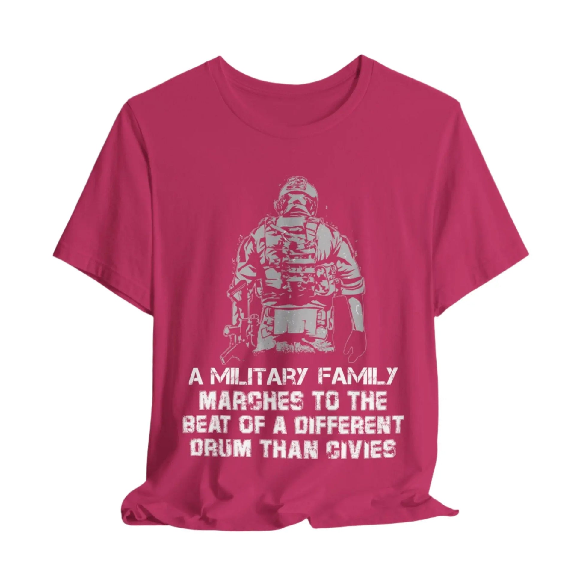 Berry t-shirt featuring a soldier with the text 'Military family marches to a different drum' representing strength and pride.