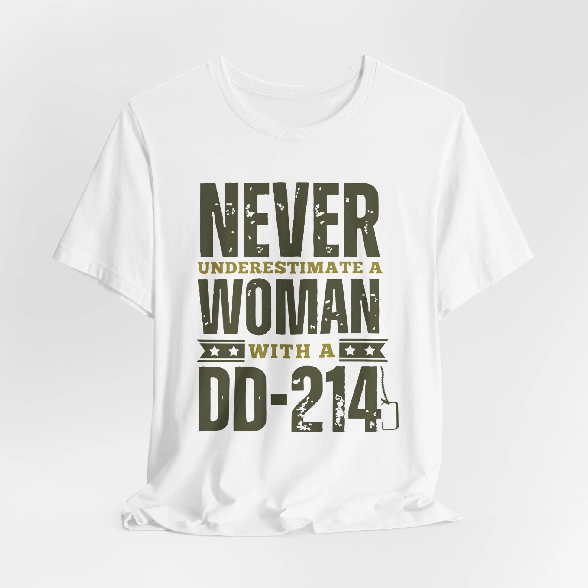 white Military Women's Tee featuring 'Never Underestimate a Woman with a DD214' design. Perfect shirt for proud female veterans