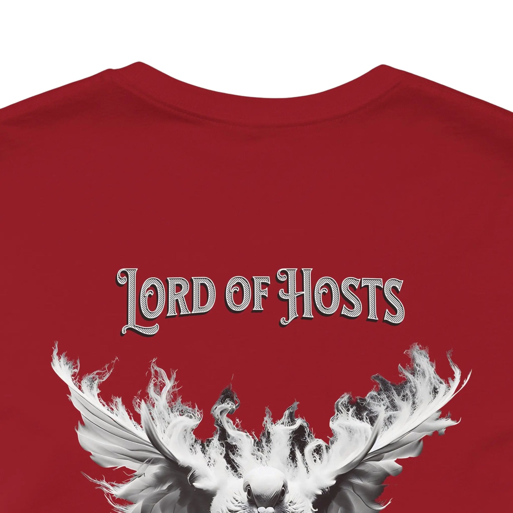 Red T-shirt featuring a white dove and the text Lord Of Hosts Defender Of The  Republic in bold letters.