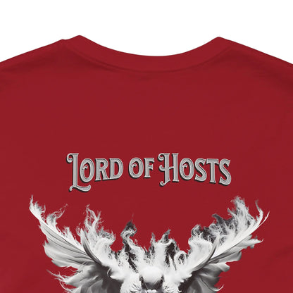 Red T-shirt featuring a white dove and the text Lord Of Hosts Defender Of The  Republic in bold letters.