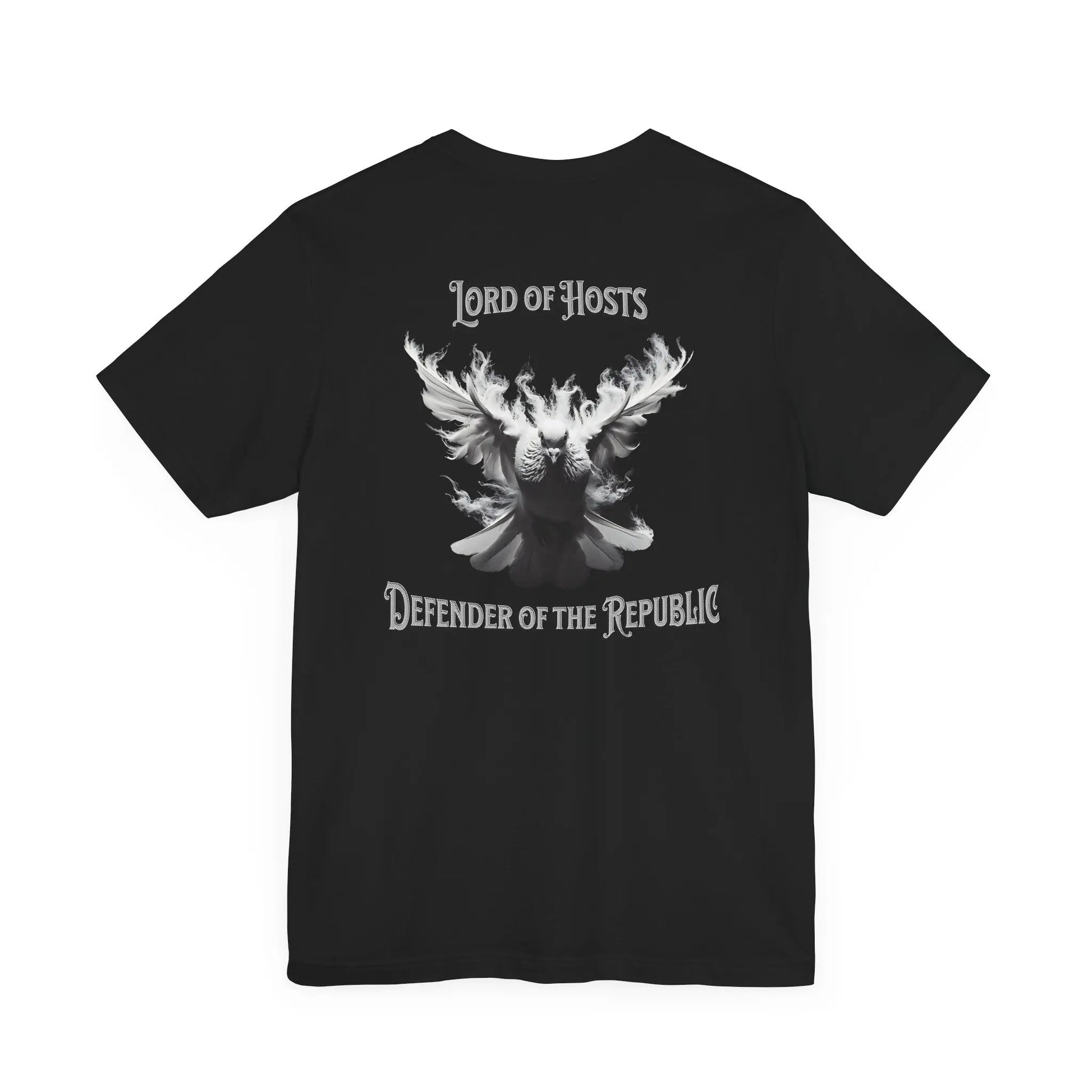 Black T-shirt featuring a white dove and the text Lord Of Hosts Defender Of The  Republic in bold letters.