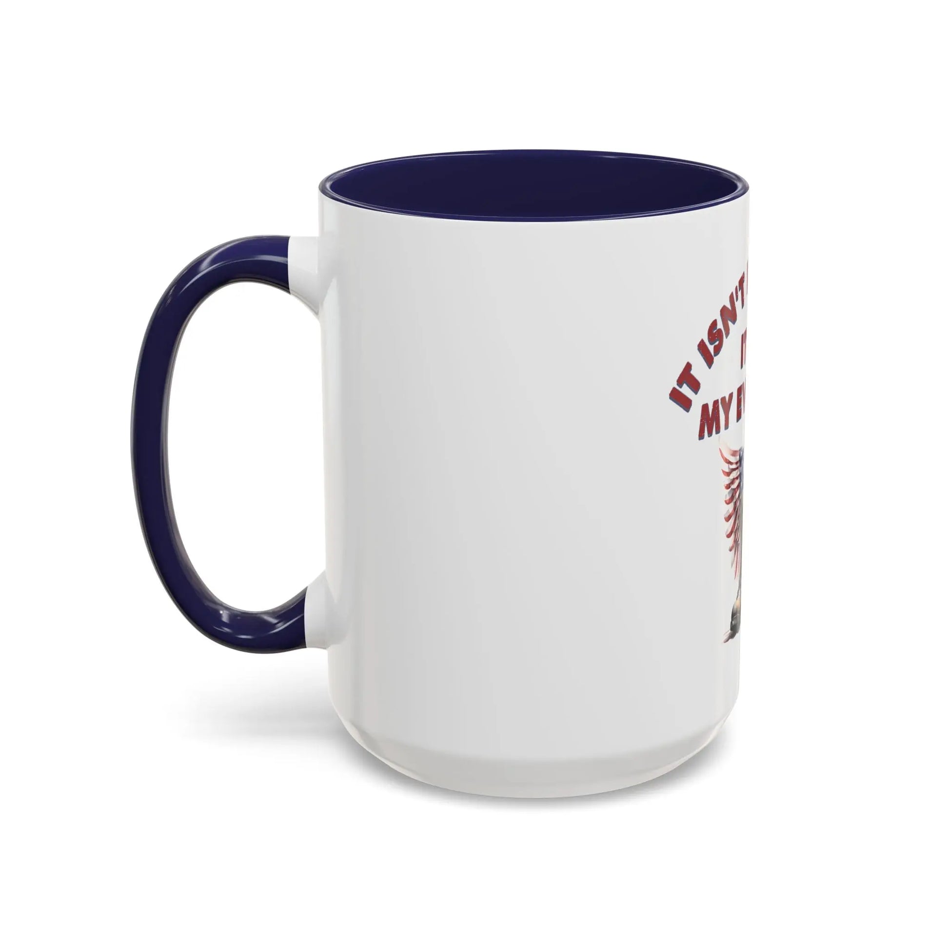 Side view White and navy blue PTSD awareness mug with text 'It's not in my past, it's in my everyday' – meaningful and impactful design