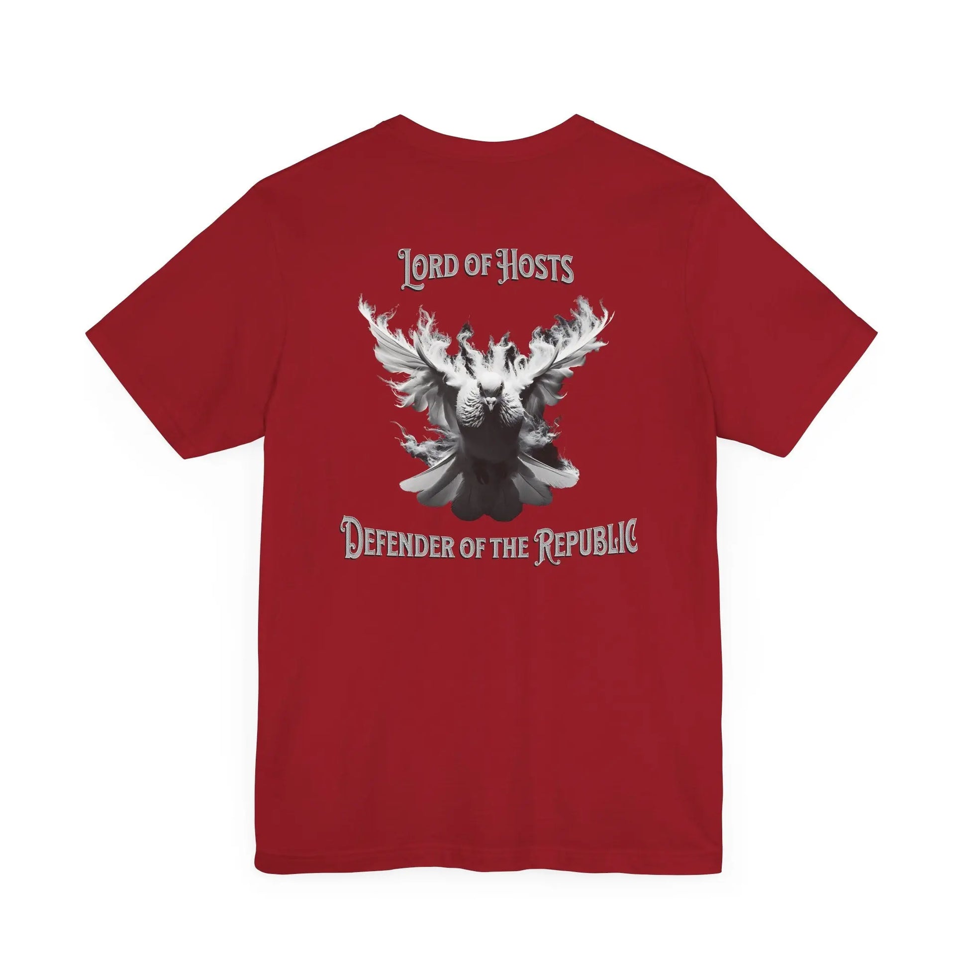 Red T-shirt featuring a white dove and the text Lord Of Hosts Defender Of The  Republic in bold letters.