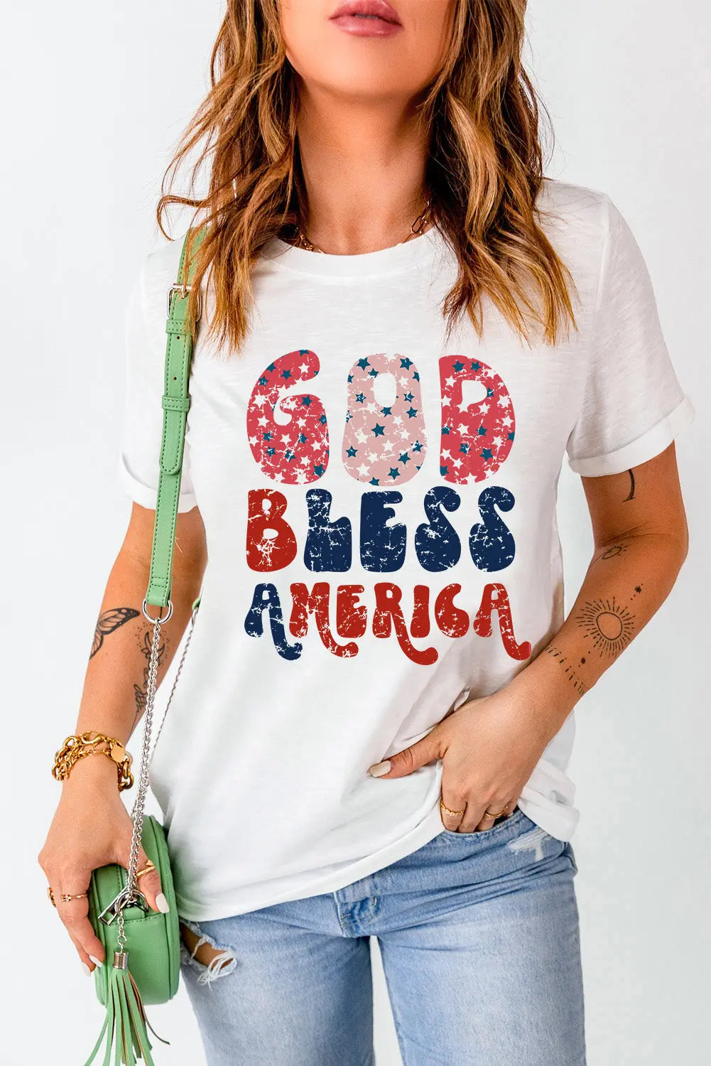 White God Bless America Letter Graphic Round Neck Short Sleeve T-Shirt 