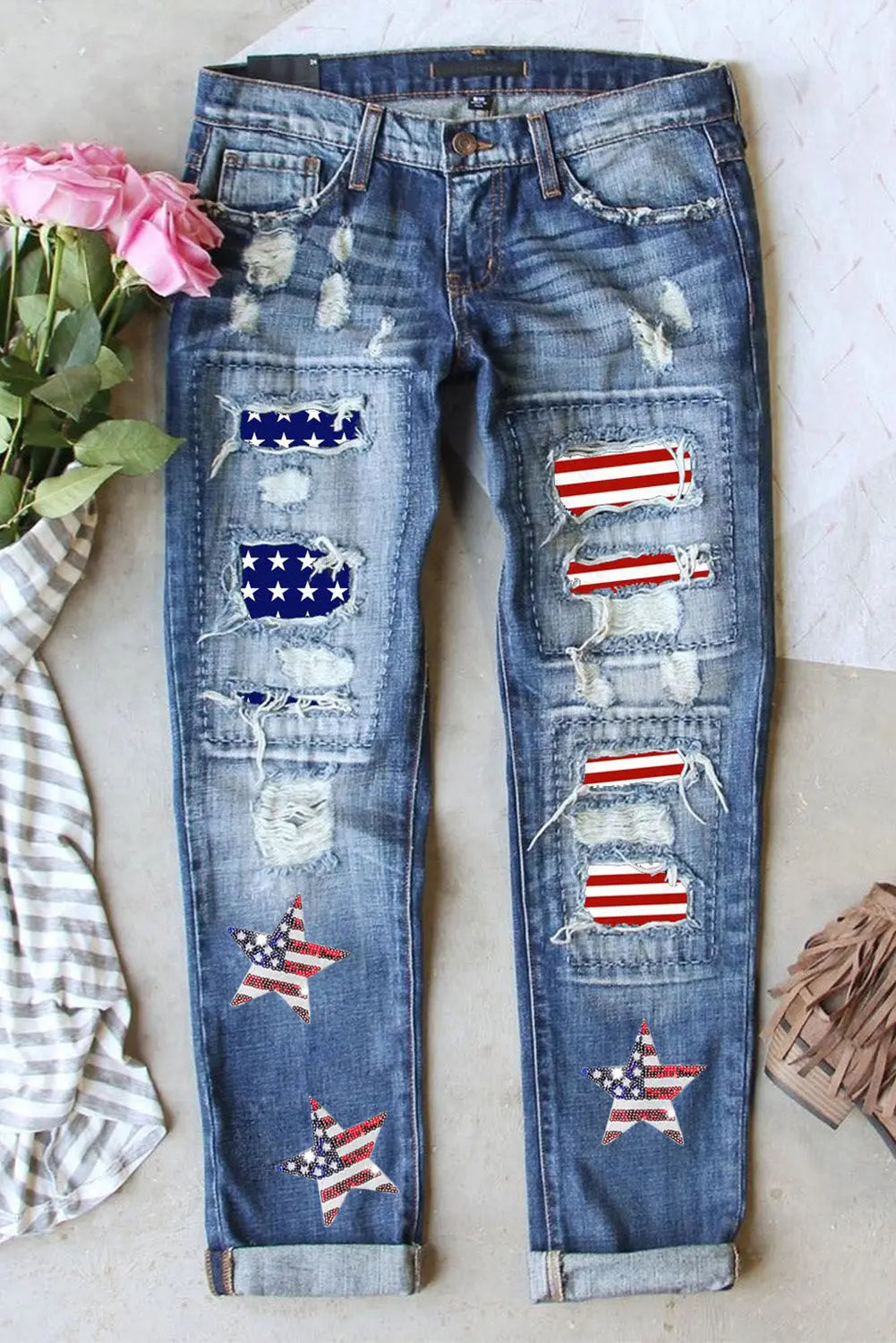 US Flag Mid-Rise Straight Jeans with patriotic design, mid-rise waist, straight-leg cut, soft durable denim, and stylish versatility.