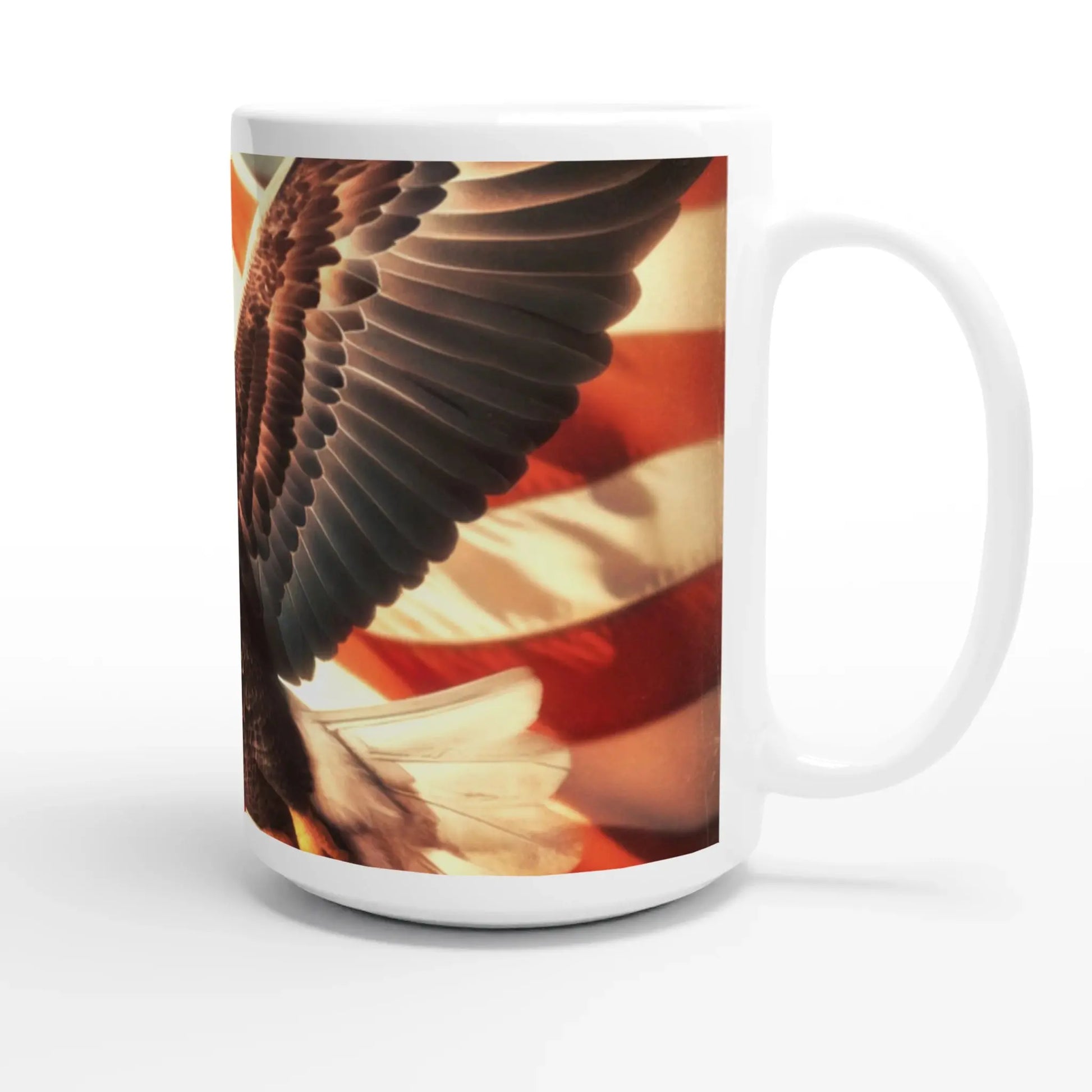 Back 15oz ceramic mug featuring a bold eagle soaring against the American flag, perfect for showcasing your patriotism and love for the USA.