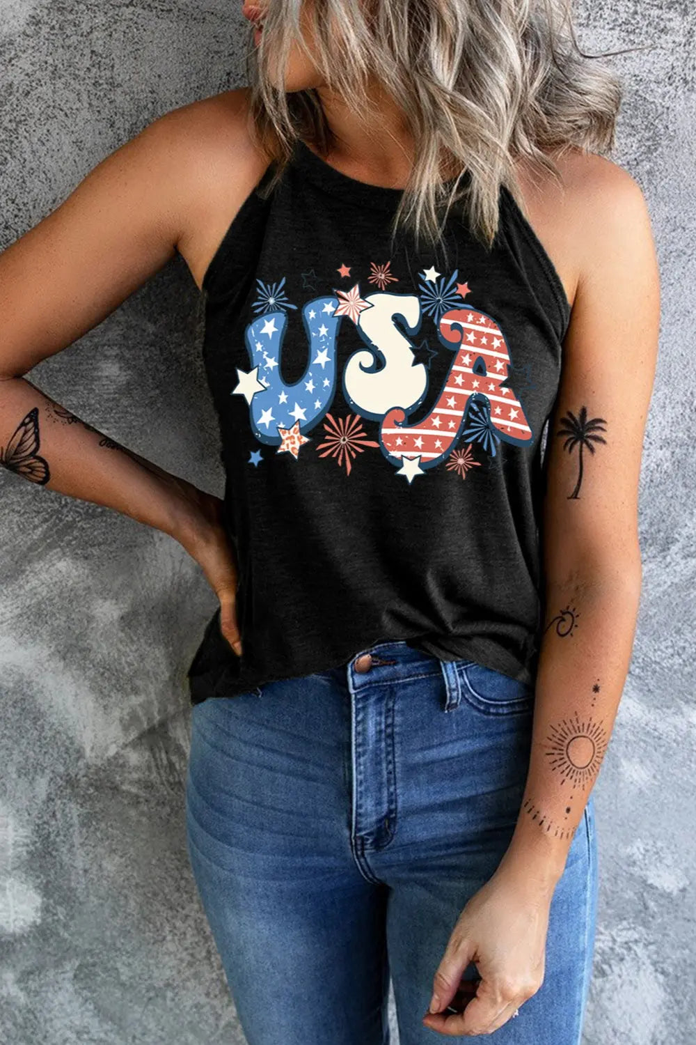 Black USA Letter Graphic Round Neck Tank 