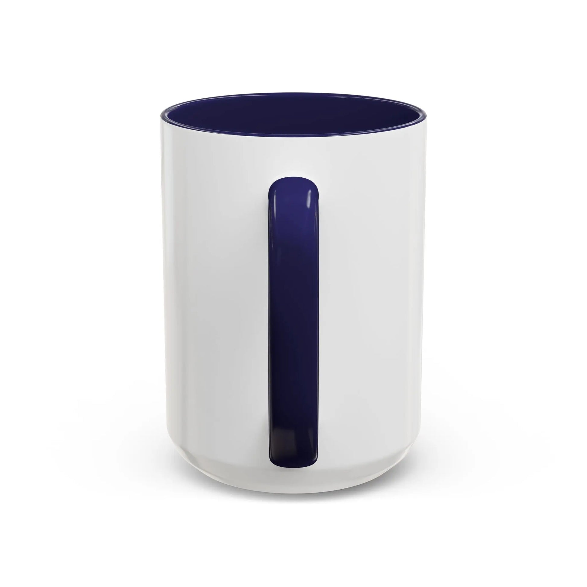 Back view of handle White and navy blue PTSD awareness mug with text 'It's not in my past, it's in my everyday' – meaningful and impactful design
