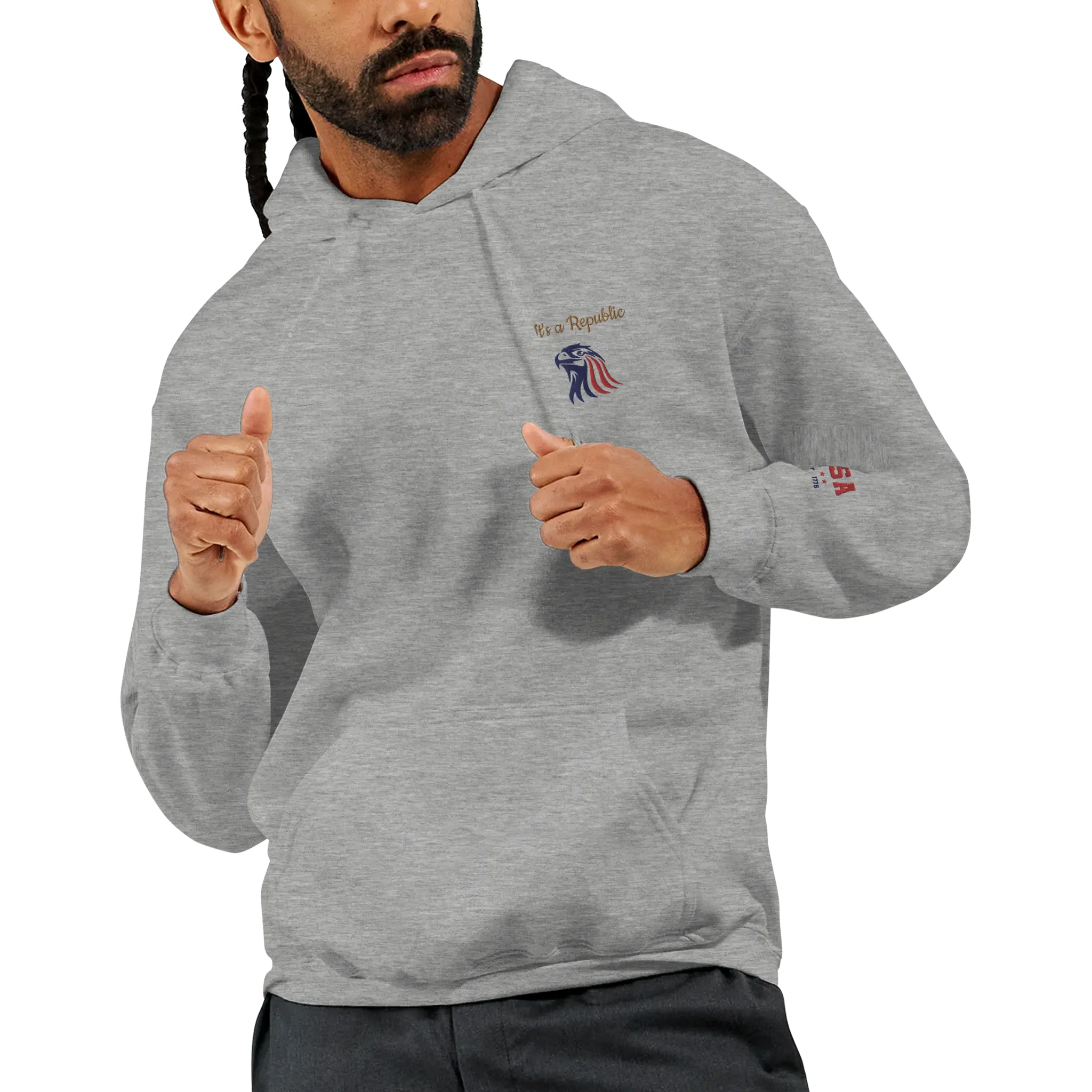 Man wearing Embroidered 'It's A Republic' Eagle Hoodie featuring a bold eagle design, classic unisex fit, premium fabric, and patriotic style.