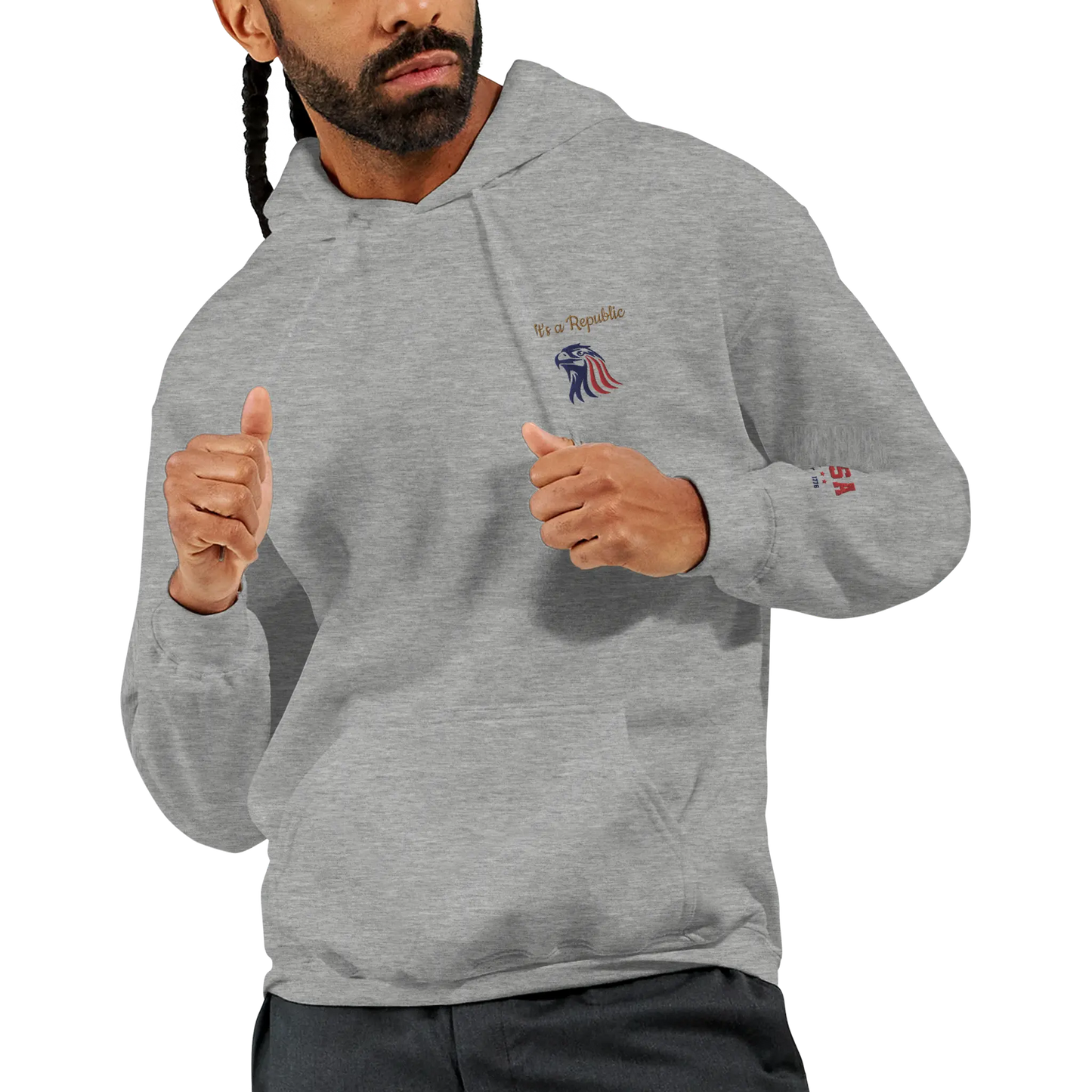 Man wearing Embroidered 'It's A Republic' Eagle Hoodie featuring a bold eagle design, classic unisex fit, premium fabric, and patriotic style.