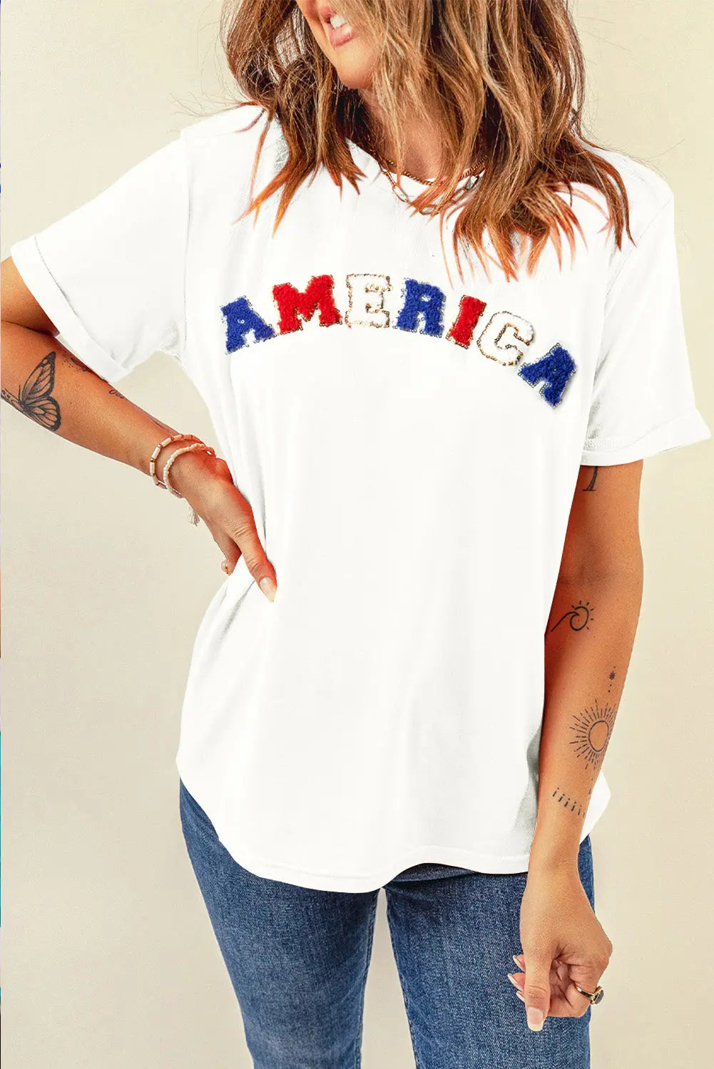 AMERICA Round Neck Short Sleeve T-Shirt for women, a bold, stylish patriotic tee perfect for everyday wear and celebrating American pride.