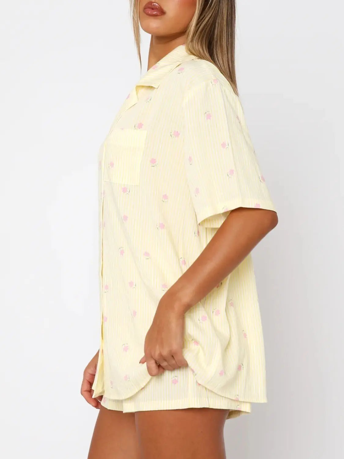 Light Yellow Valentine's Day Printed Collared Neck Short Sleeve Top and Shorts Set